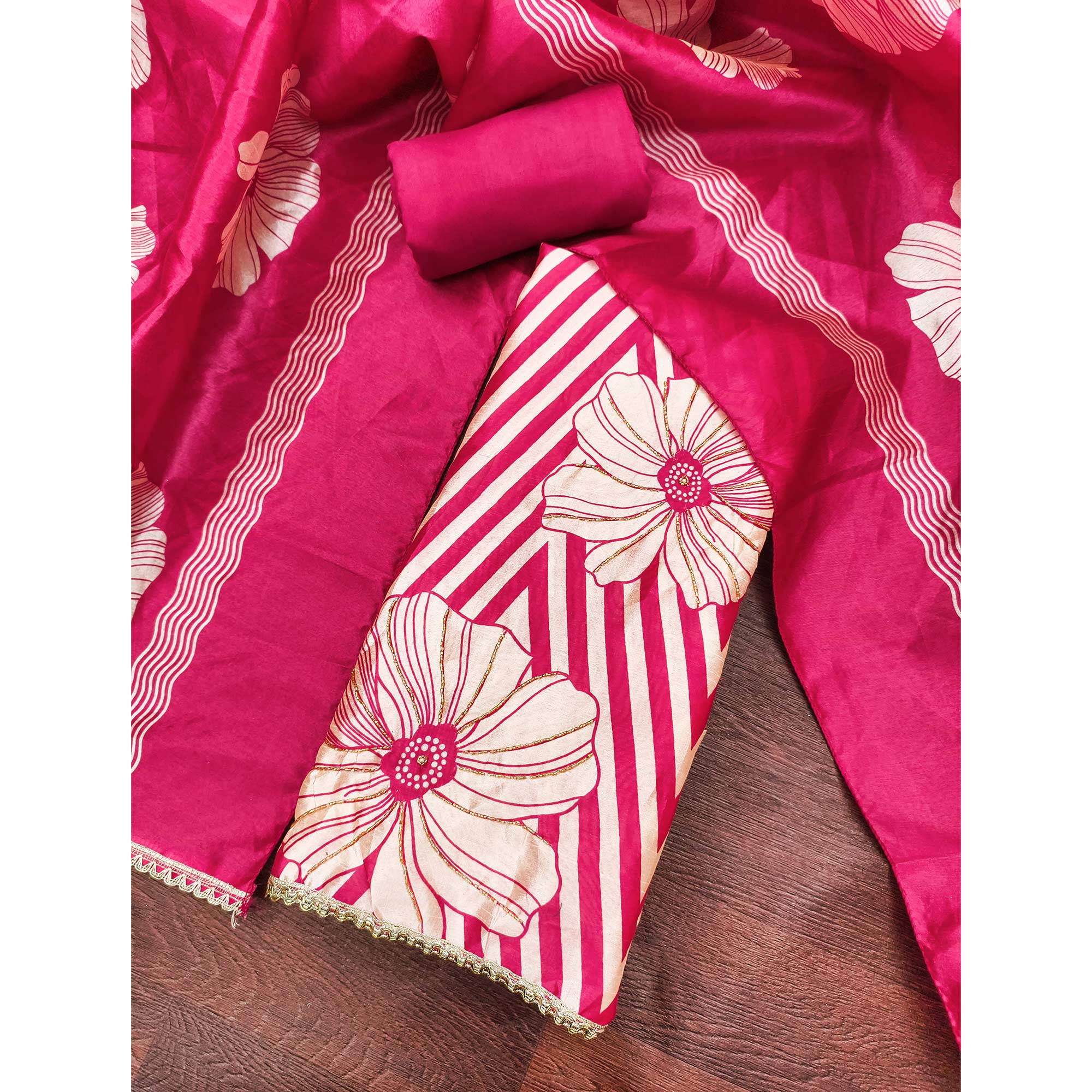 Pink Digital Printed Cotton Silk Dress Material Featuring Floral & Zig Zag Patterns With Handwork