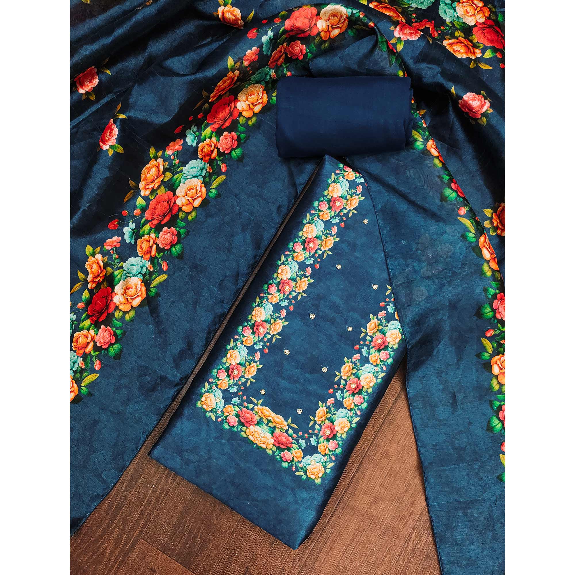 Premium Blue Floral Digital Printed Cotton Silk Dress Material With Moti Handwork