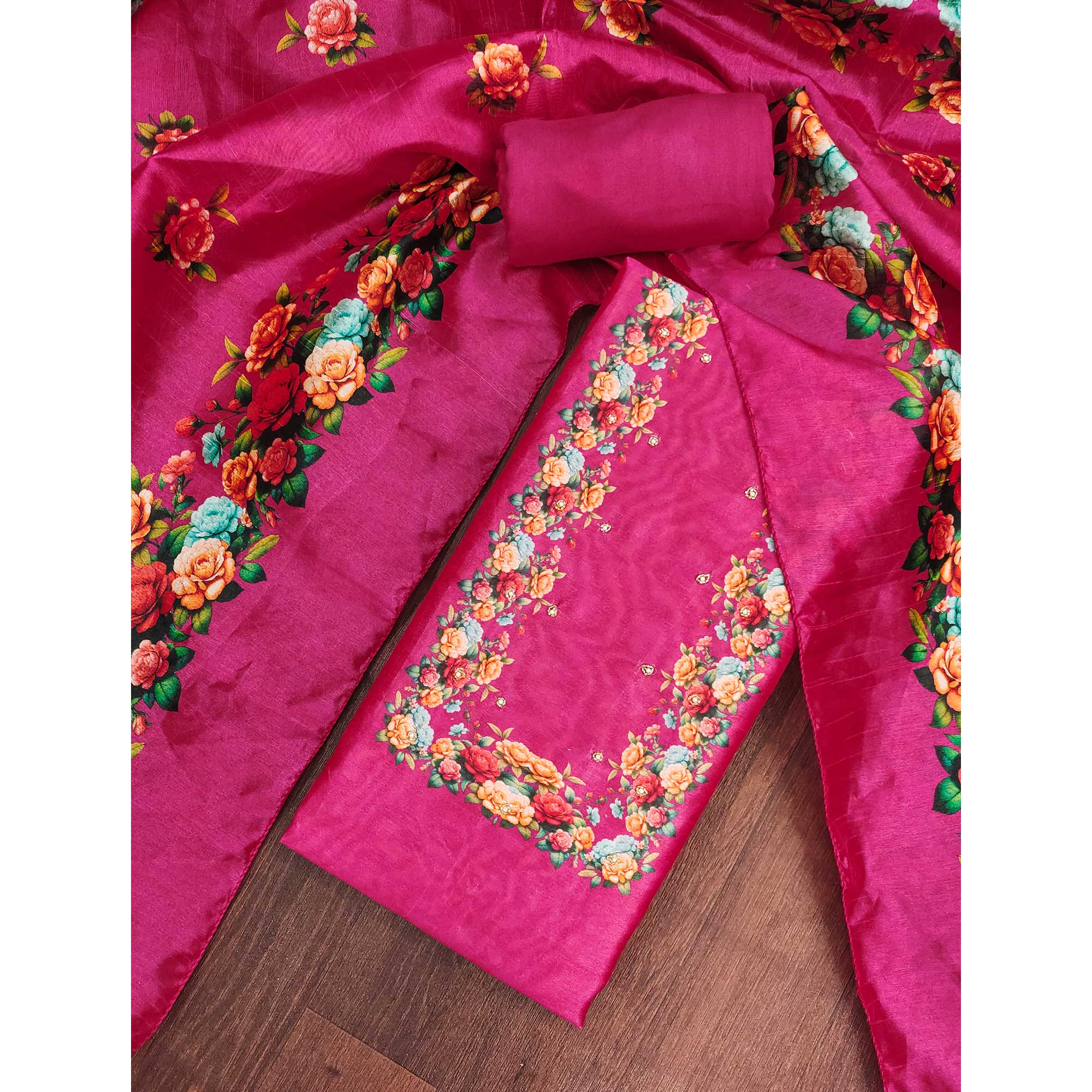 Premium Rani Pink Floral Digital Printed Cotton Silk Dress Material With Moti Handwork