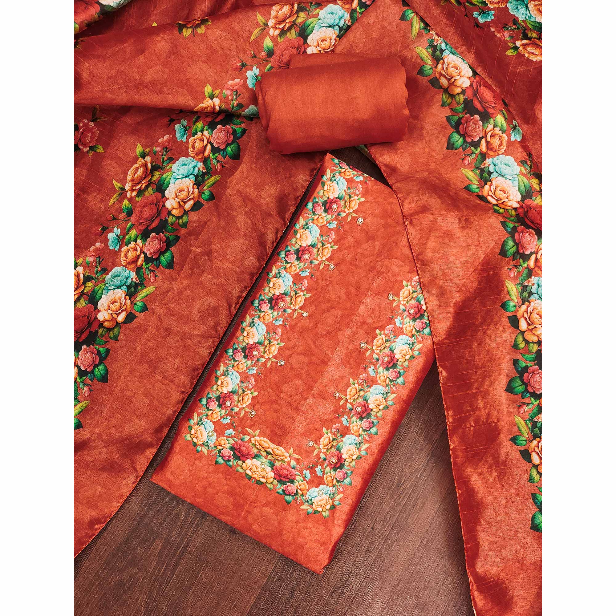 Premium Rust Floral Digital Printed Cotton Silk Dress Material With Moti Handwork