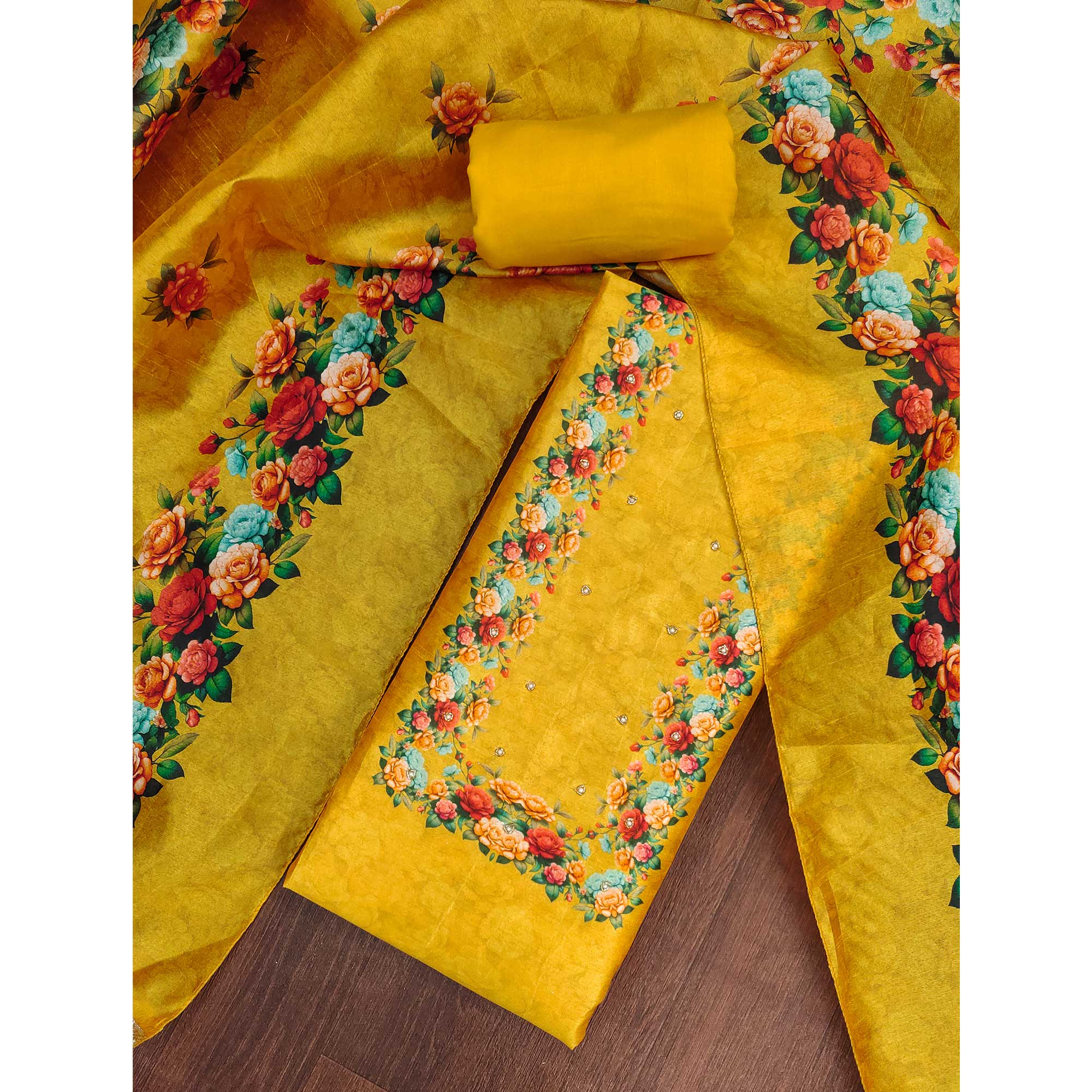 Premium Yellow Floral Digital Printed Cotton Silk Dress Material With Moti Handwork