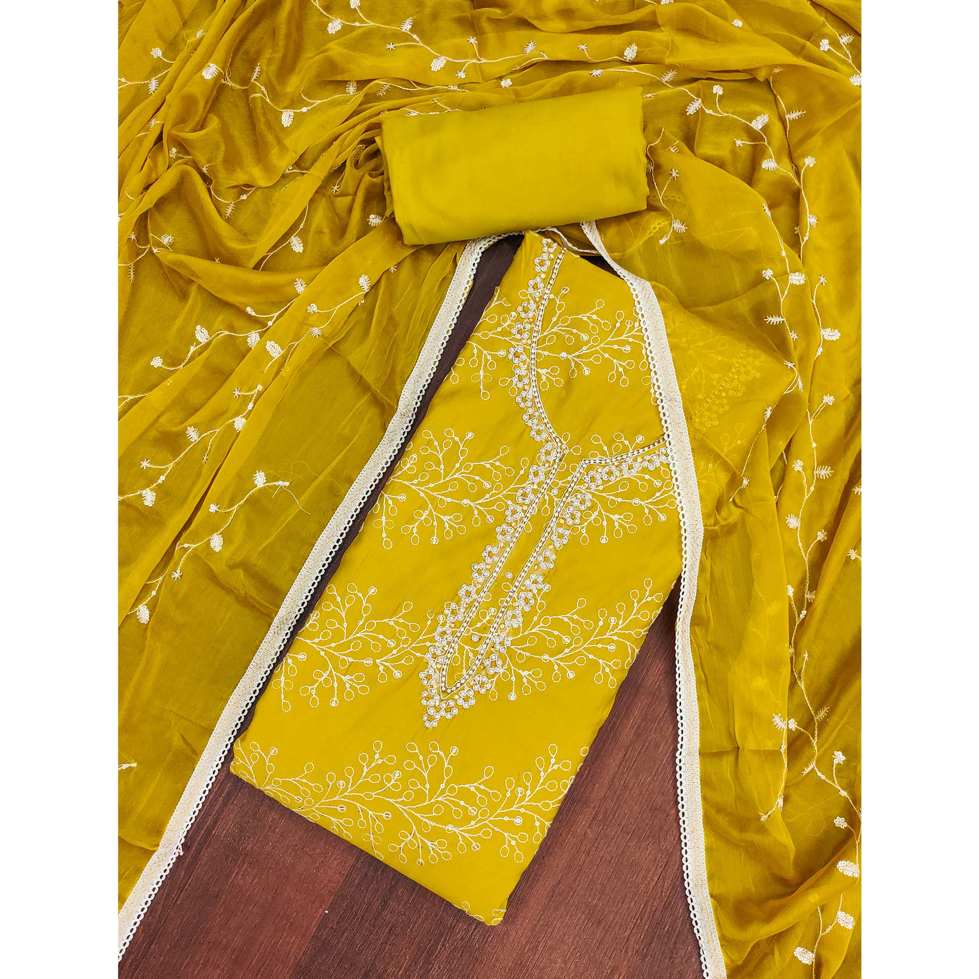 Exclusive Dark Mustard Floral Embroidery Cotton Silk Dress Material Enhanced With Moti & Sequin Work