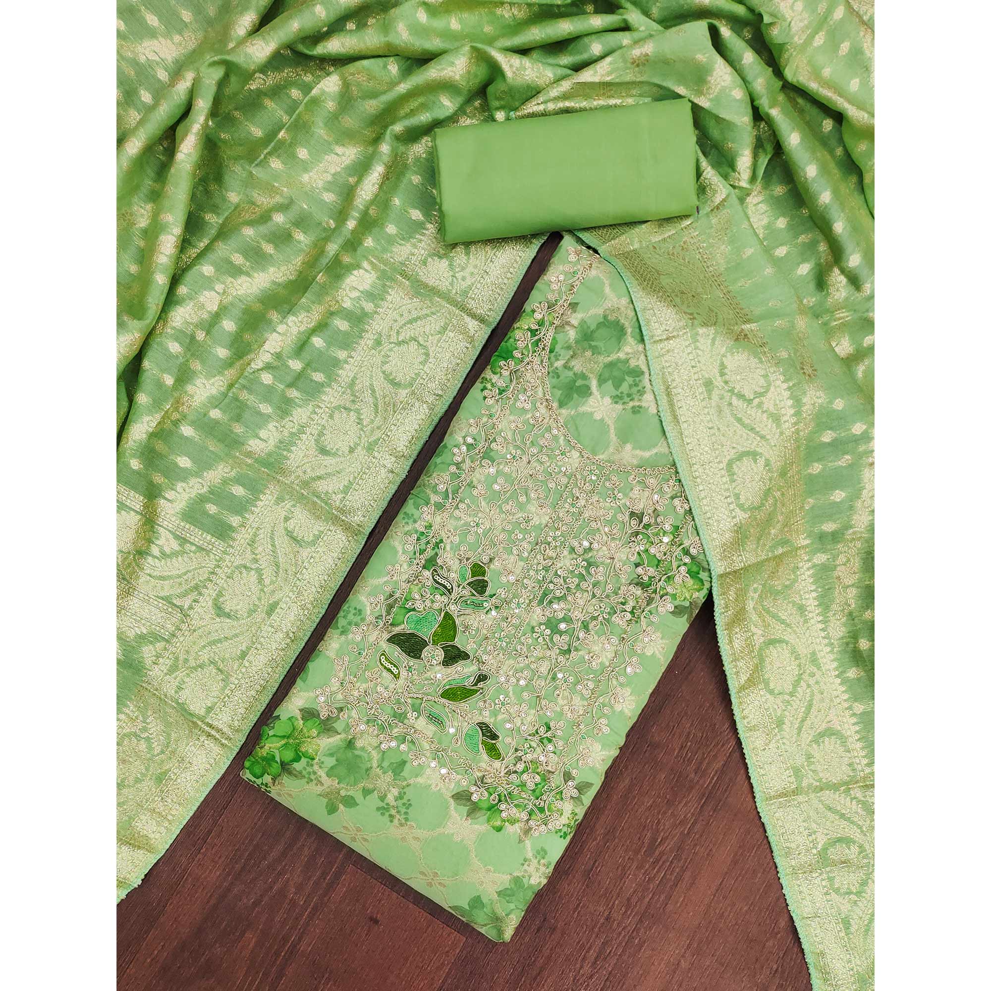 Designer Green Floral Weaving Banarasi Silk Dress Material With Intricate Cording Embroidery