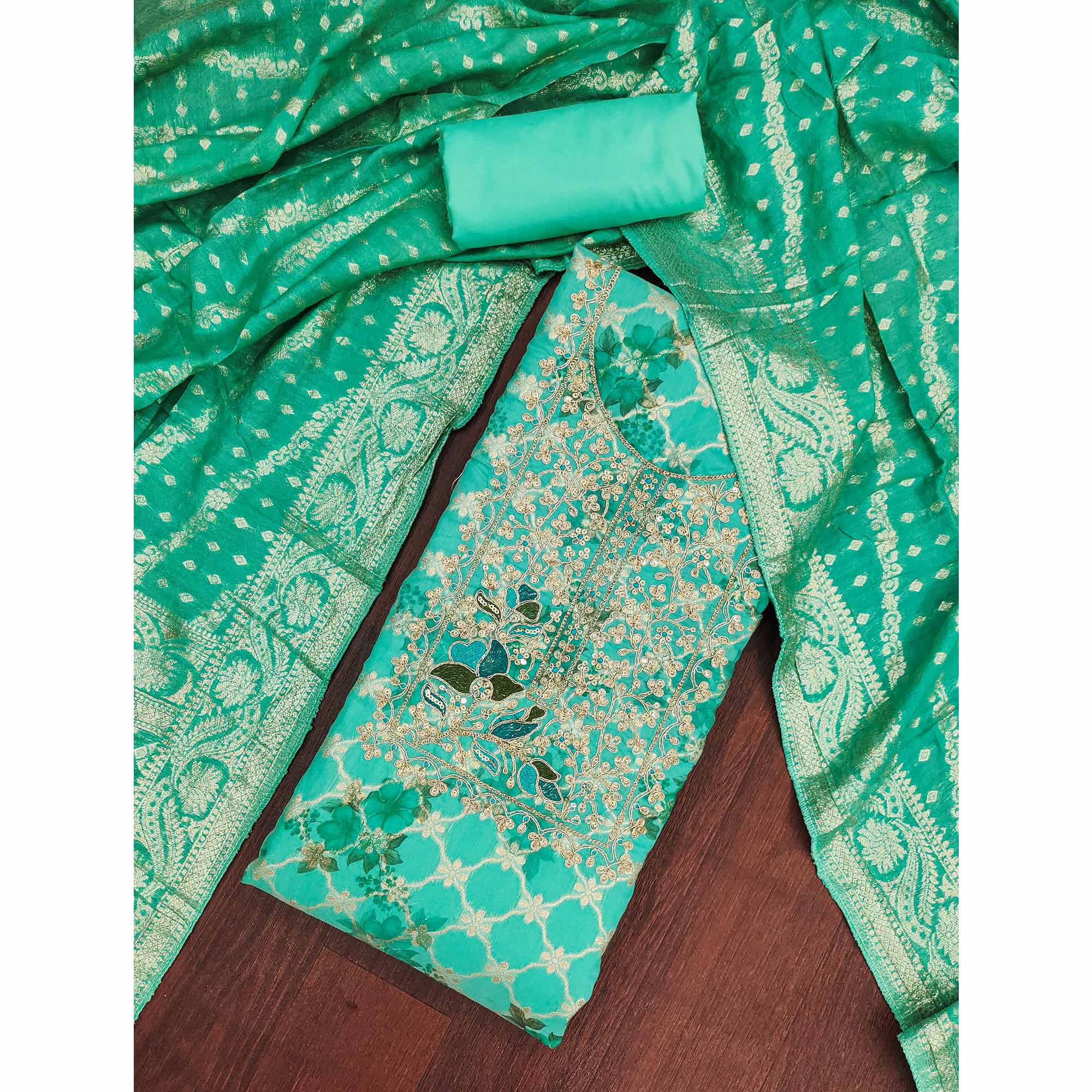 Designer Turquoise Floral Weaving Banarasi Silk Dress Material With Intricate Cording Embroidery