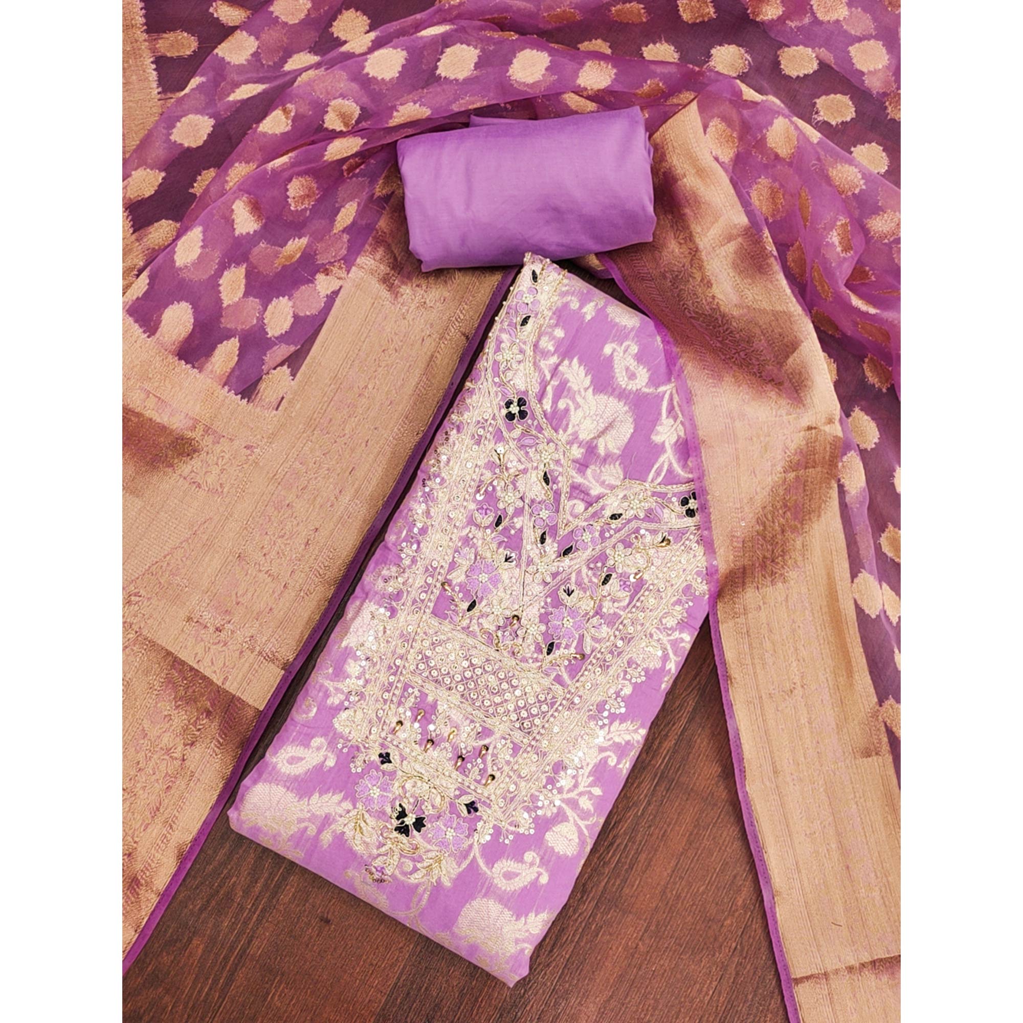 Lavender Banarasi Silk Dress Material Featuring Floral Weaving With Cording & Sequins Embroidery