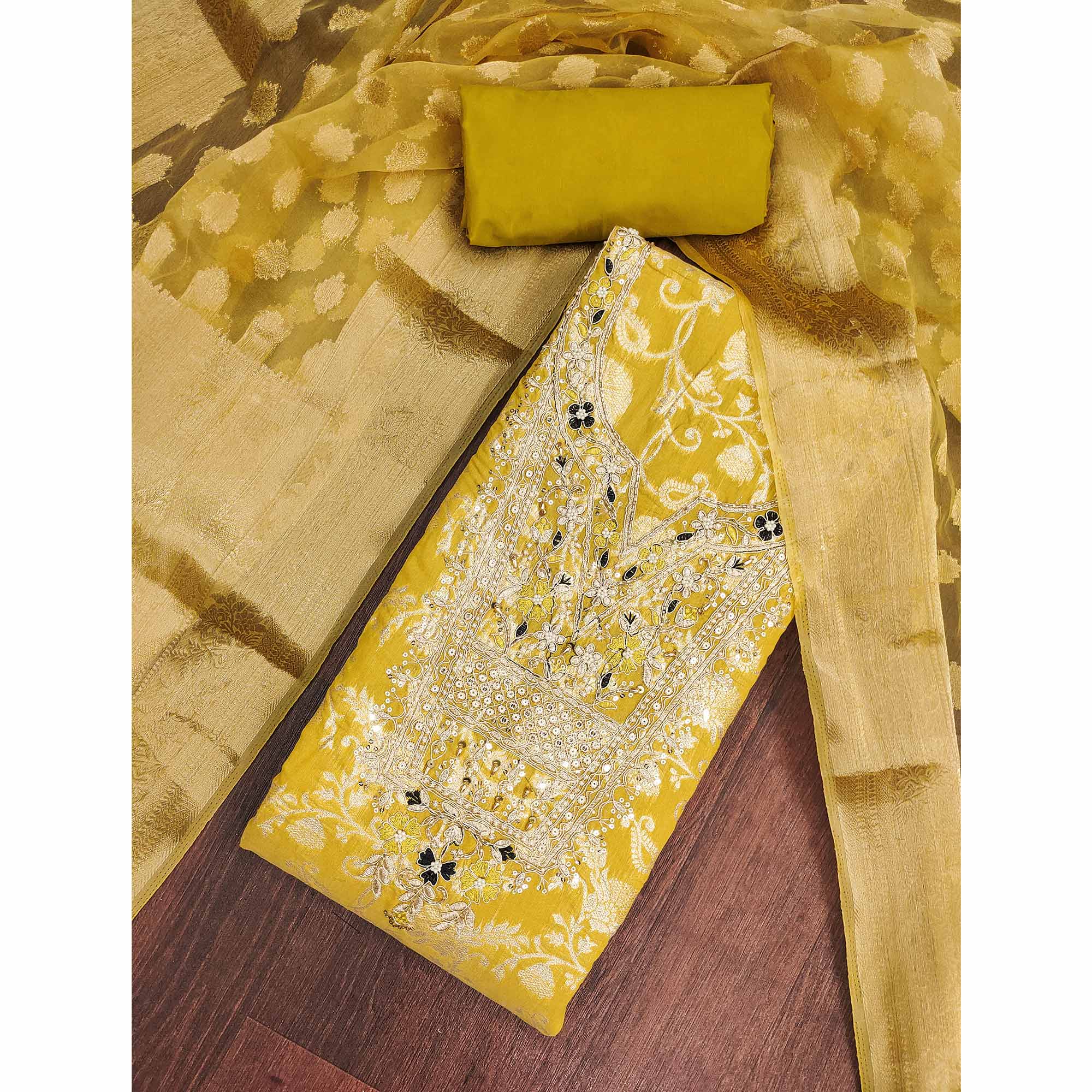 Mustard Banarasi Silk Dress Material Featuring Floral Weaving With Cording & Sequins Embroidery