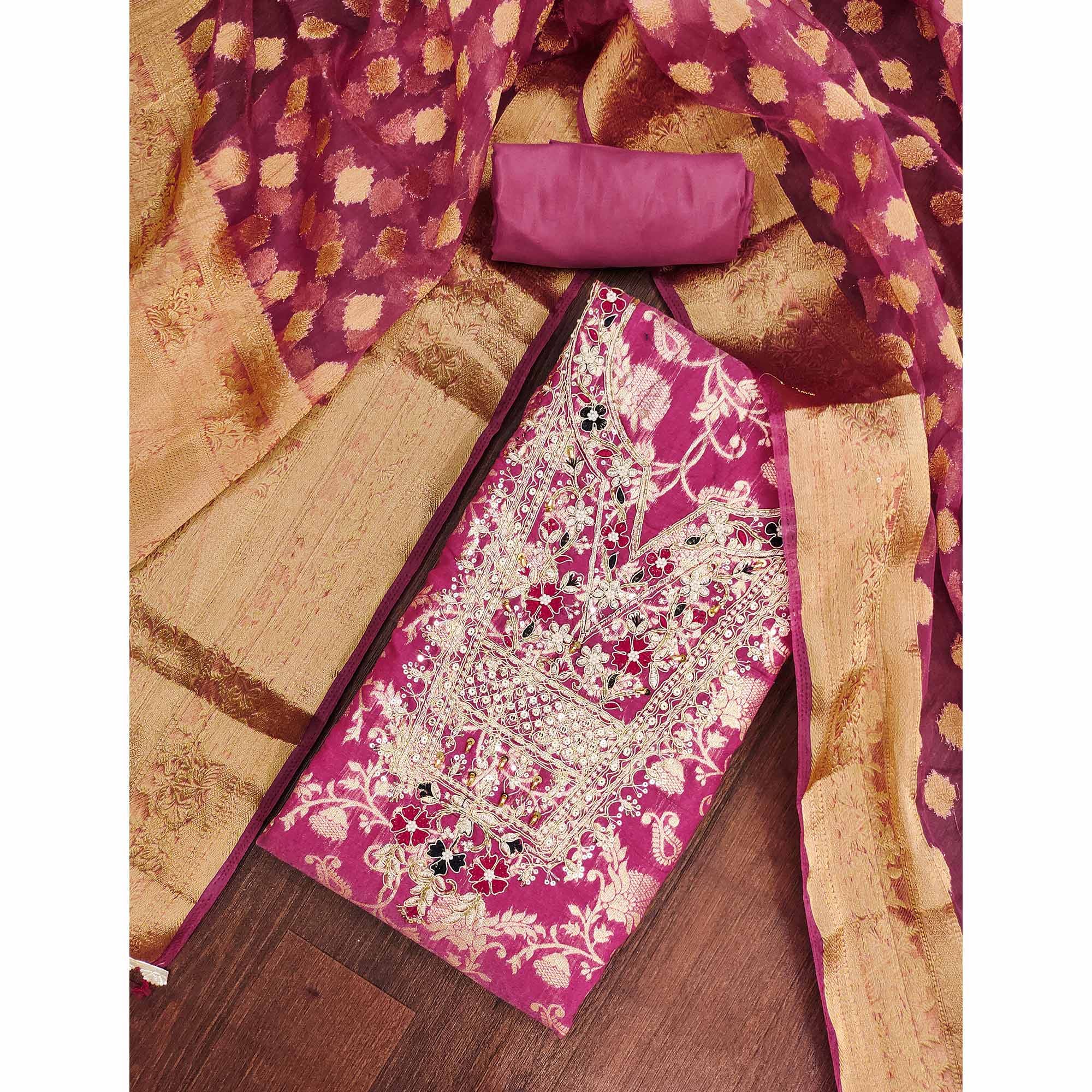 Pink Banarasi Silk Dress Material Featuring Floral Weaving With Cording & Sequins Embroidery