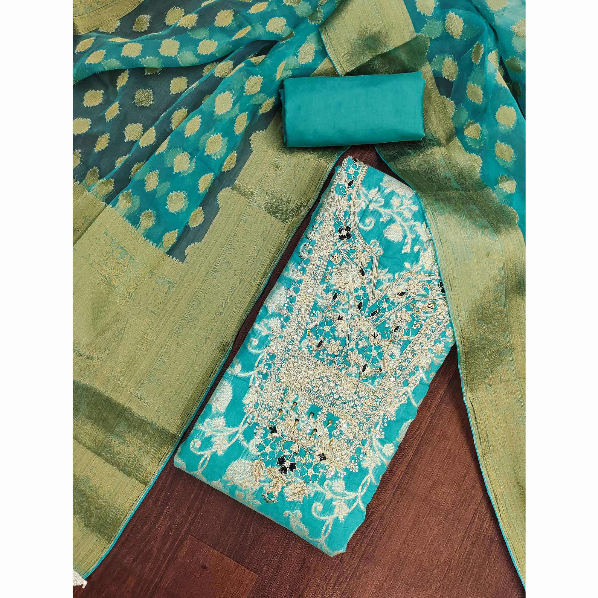 Turquoise Banarasi Silk Dress Material Featuring Floral Weaving With Cording & Sequins Embroidery