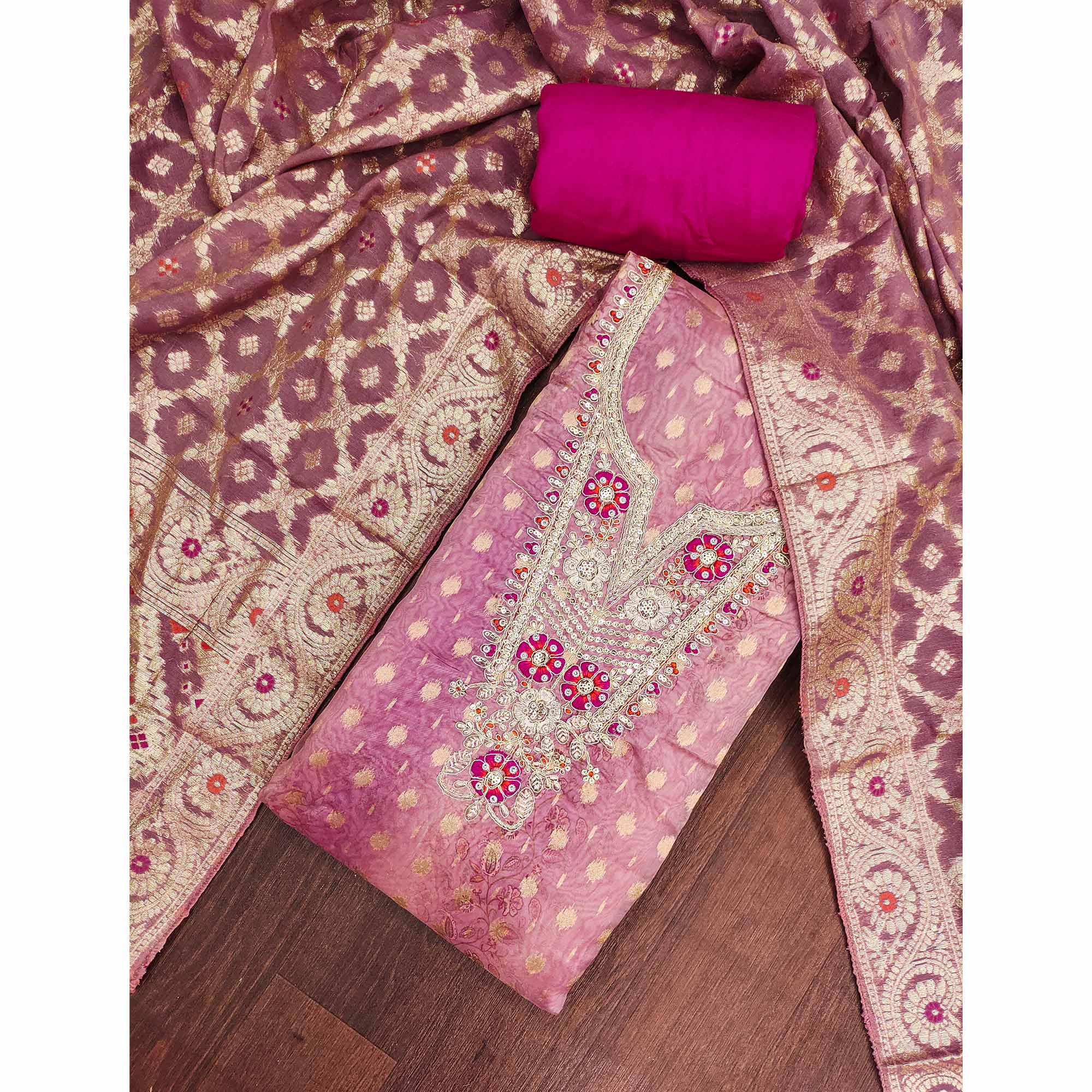 Elegant Light Magenta Floral Weaving & Digital Print Organza Dress Material With Cording Embroidery