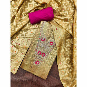 Elegant Mehendi Green Floral Weaving & Digital Print Organza Dress Material With Cording Embroidery