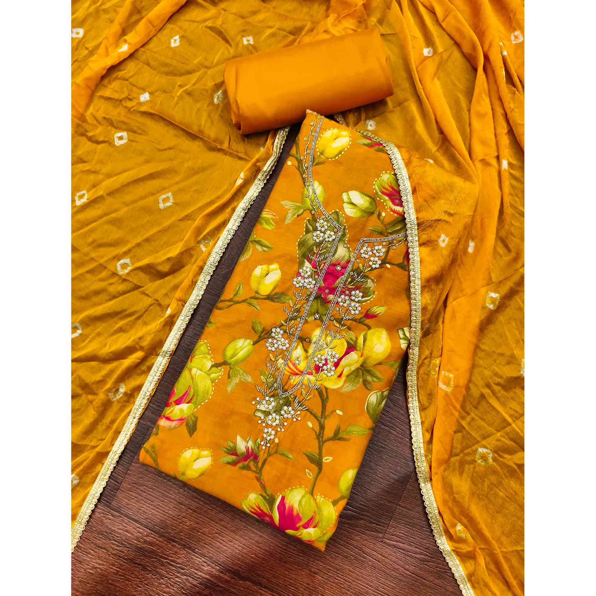 Exclusive Mustard Floral Printed Cotton Silk Dress Material Adorned With Beads & Moti Handwork
