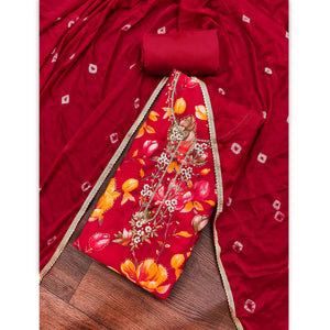 Exclusive Red Floral Printed Cotton Silk Dress Material Adorned With Beads & Moti Handwork