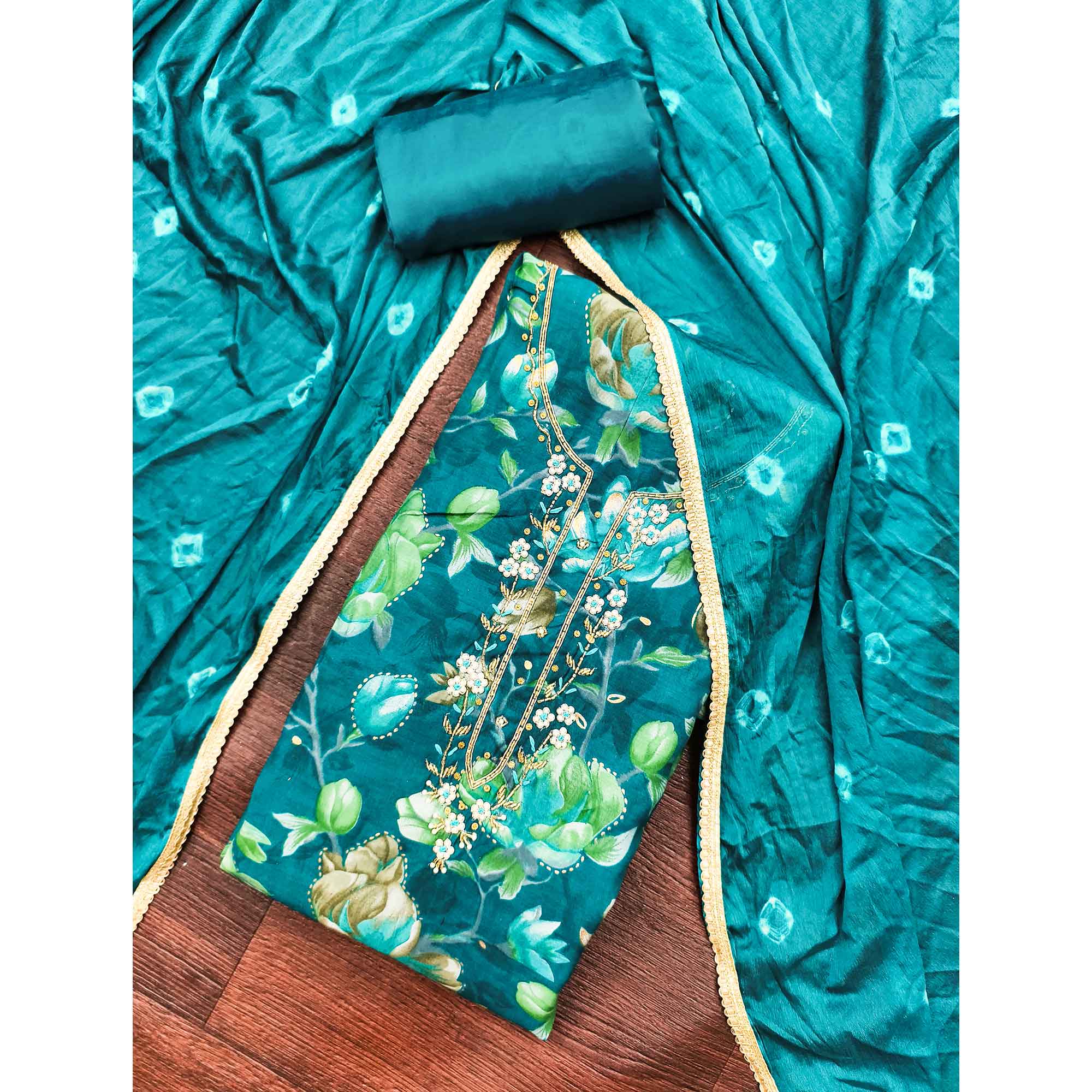 Exclusive Teal Floral Printed Cotton Silk Dress Material Adorned With Beads & Moti Handwork