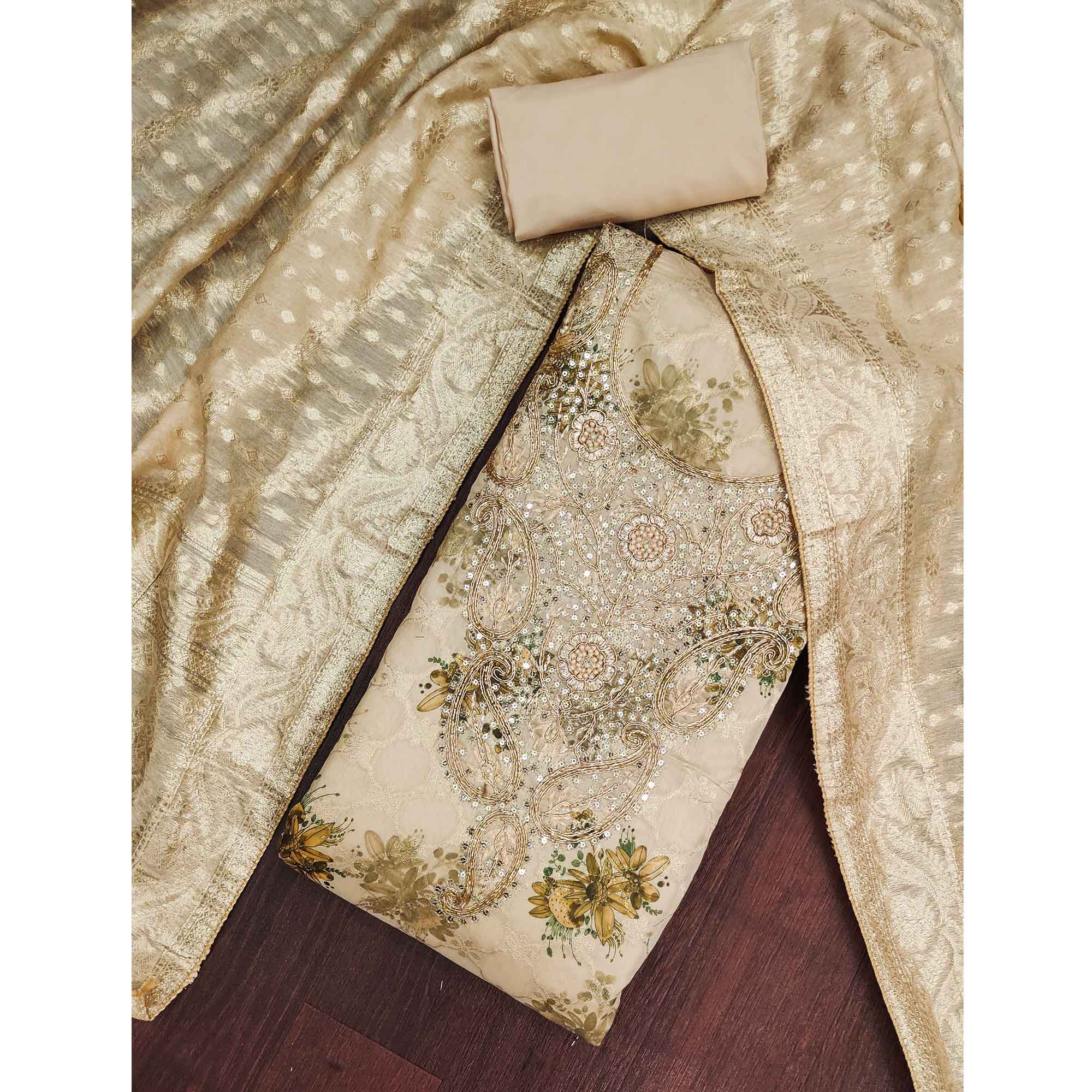 Beige Floral Weaving & Digital Printed Banarasi Silk Dress Material With Cording Embroidery