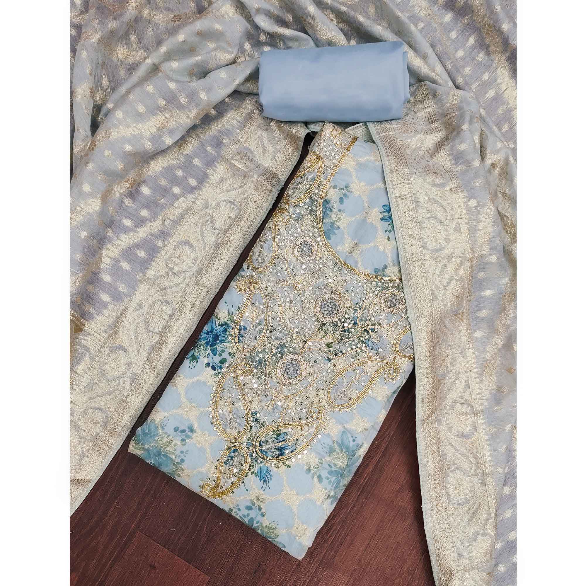 Blue Floral Weaving & Digital Printed Banarasi Silk Dress Material With Cording Embroidery