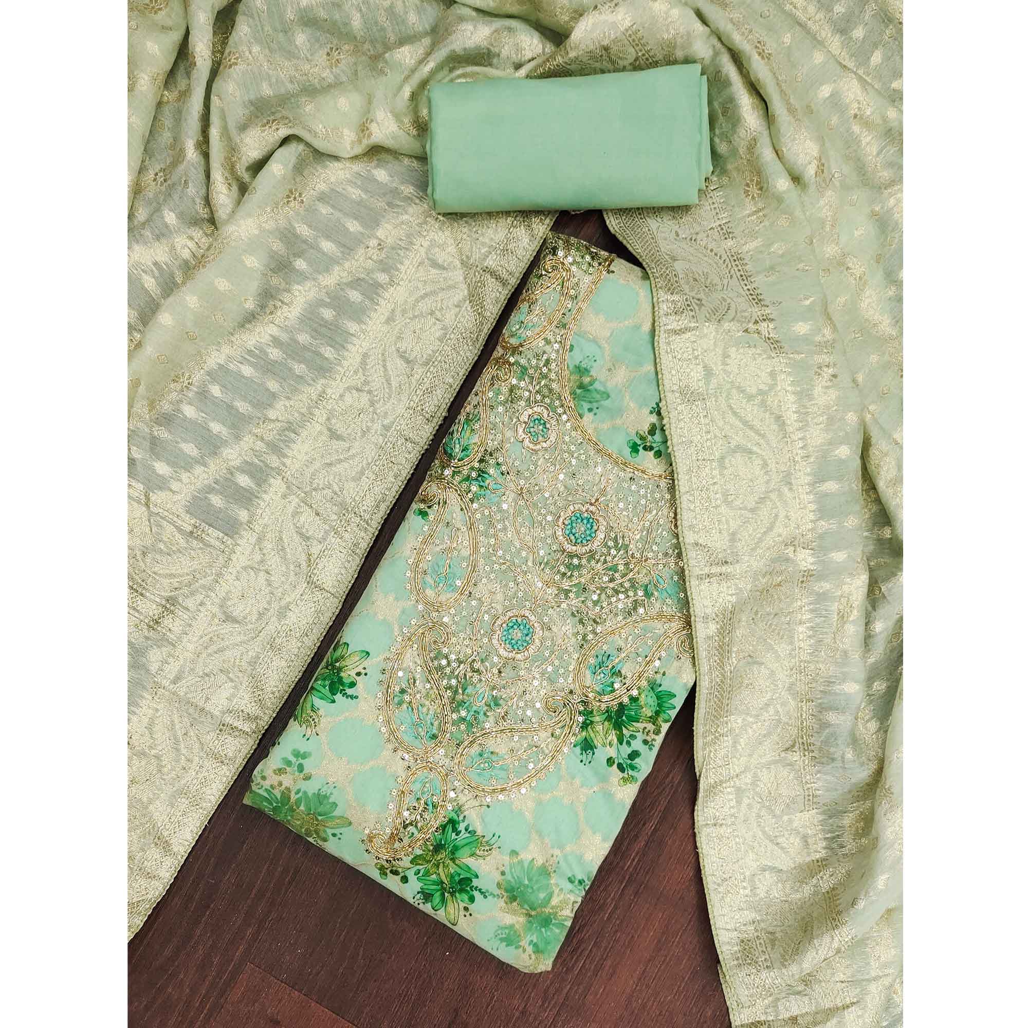 Green Floral Weaving & Digital Printed Banarasi Silk Dress Material With Cording Embroidery