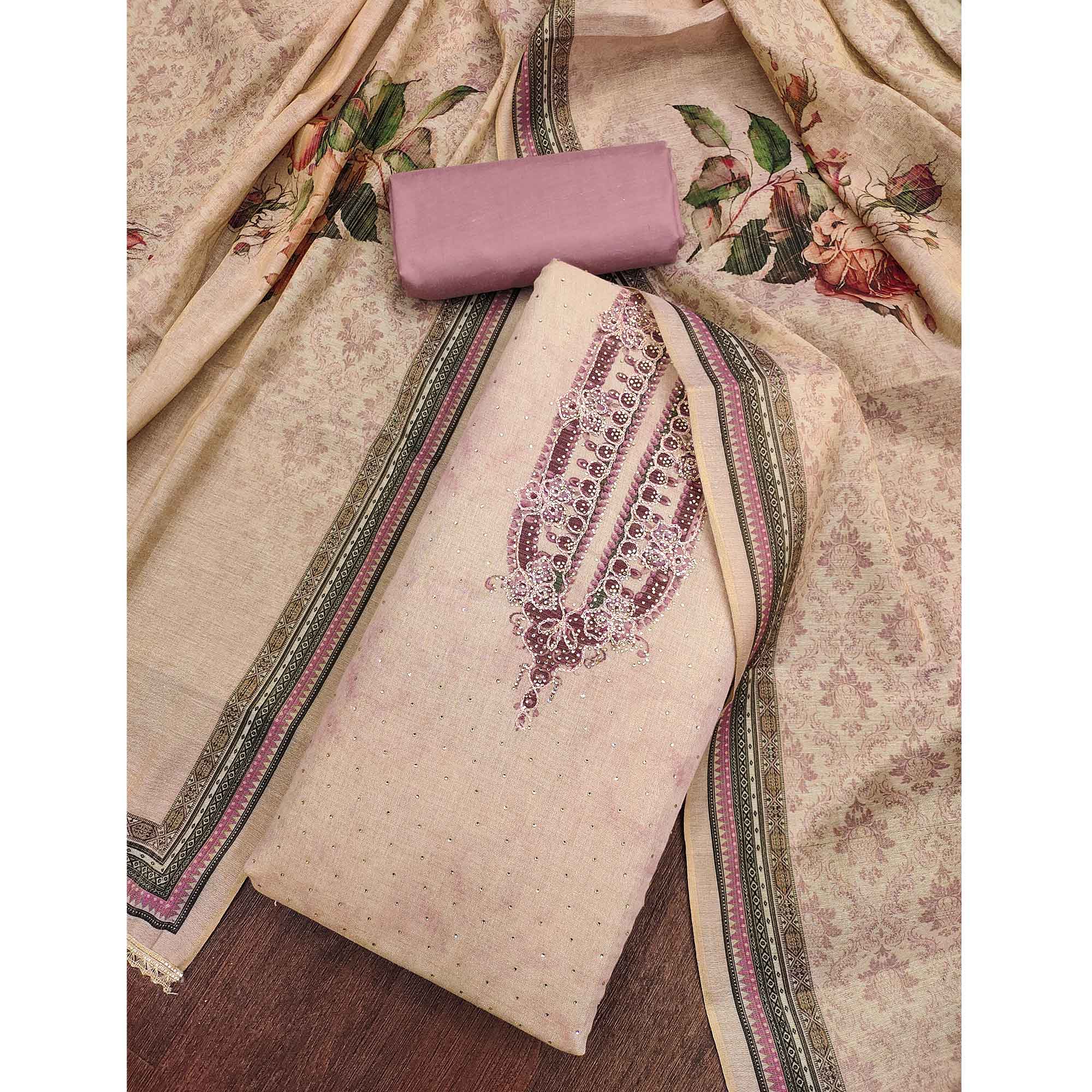 Exclusive Mauve Floral Print Shimmer Dress Material Adorned With Swarovski Embellishments