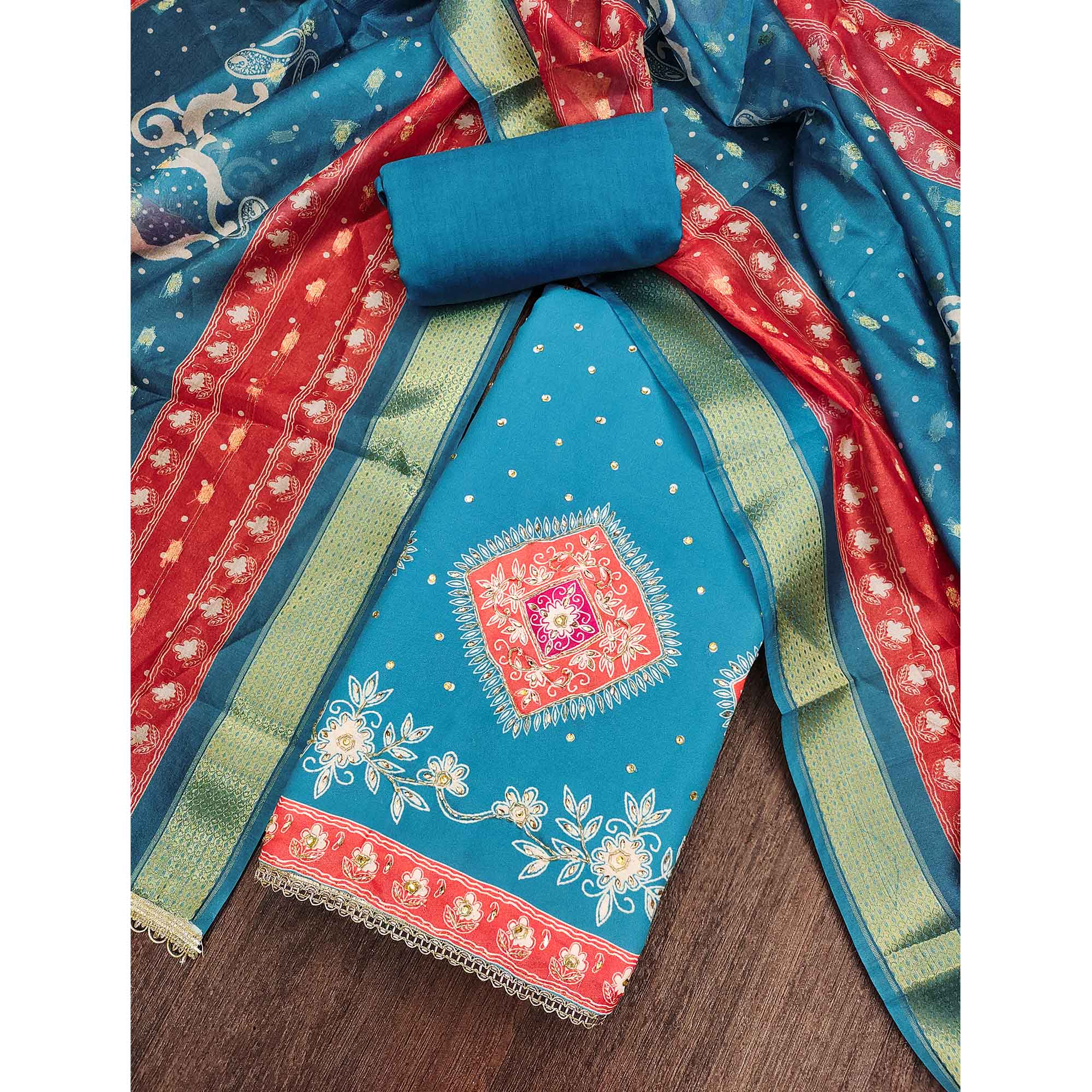 Classic Blue Floral Digital Printed With Stone Work Rayon Dress Material