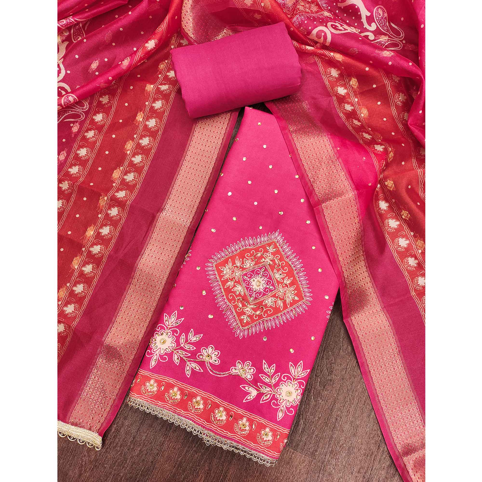 Classic Rani Pink Floral Digital Printed With Stone Work Rayon Dress Material