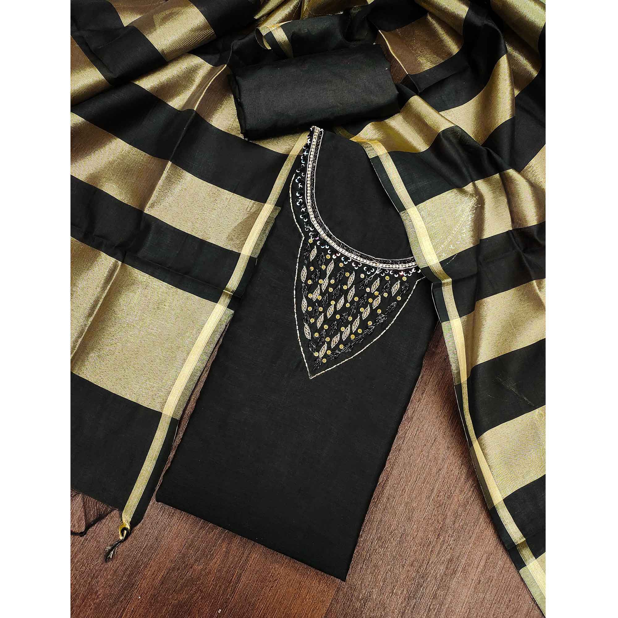 Elegant Black Beads & Sequins Handwork Chanderi Cotton Dress Material With Weaving Striped Pattern