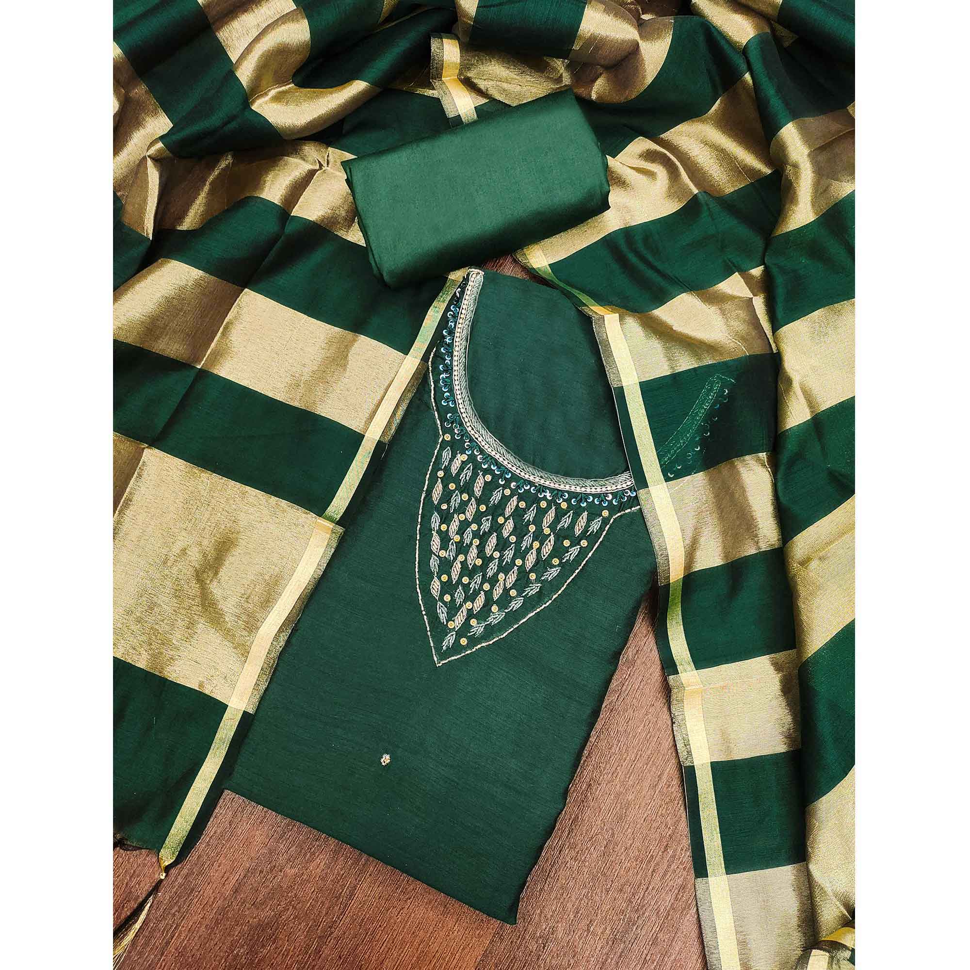 Elegant Green Beads & Sequins Handwork Chanderi Cotton Dress Material With Weaving Striped Pattern