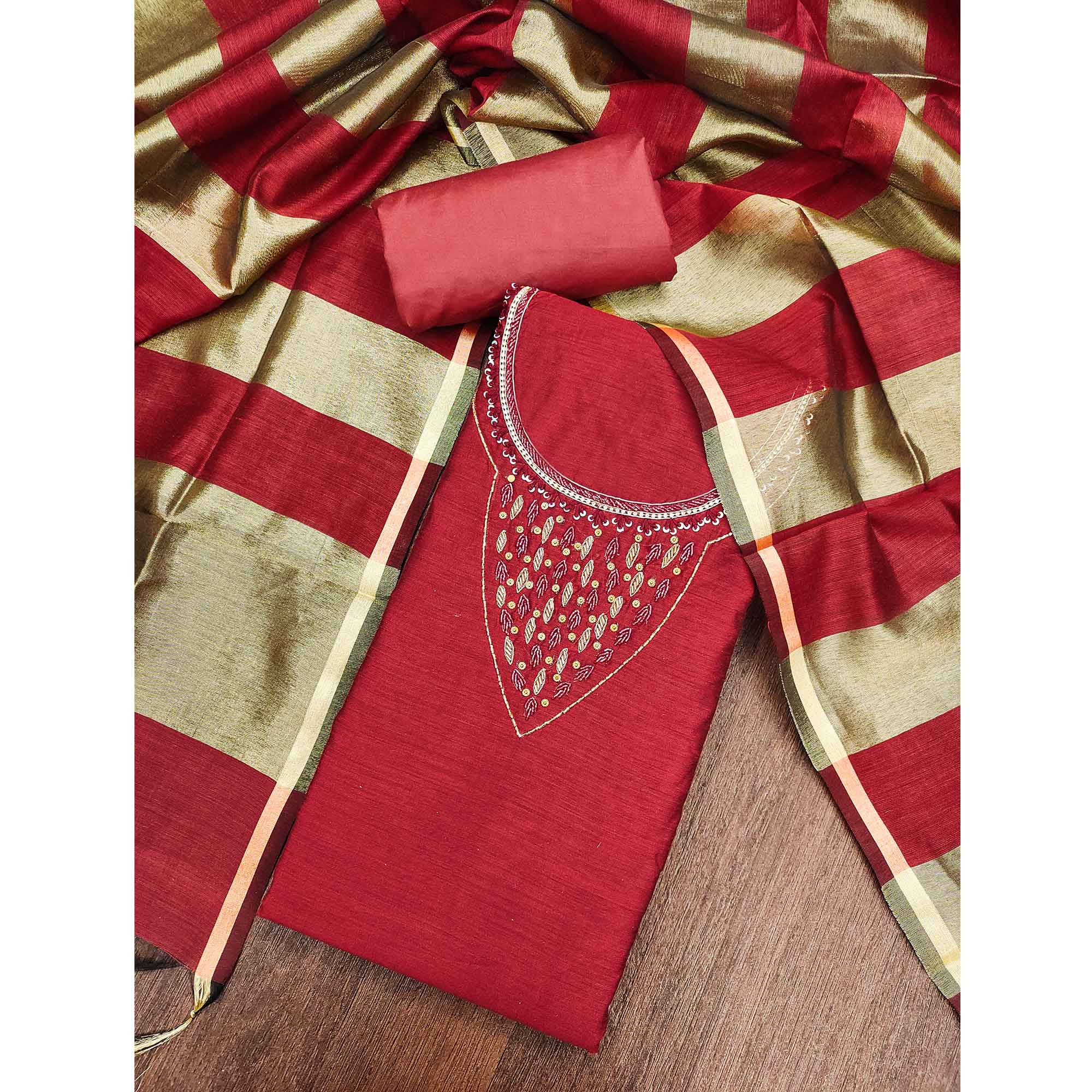 Elegant Maroon Beads & Sequins Handwork Chanderi Cotton Dress Material With Weaving Striped Pattern