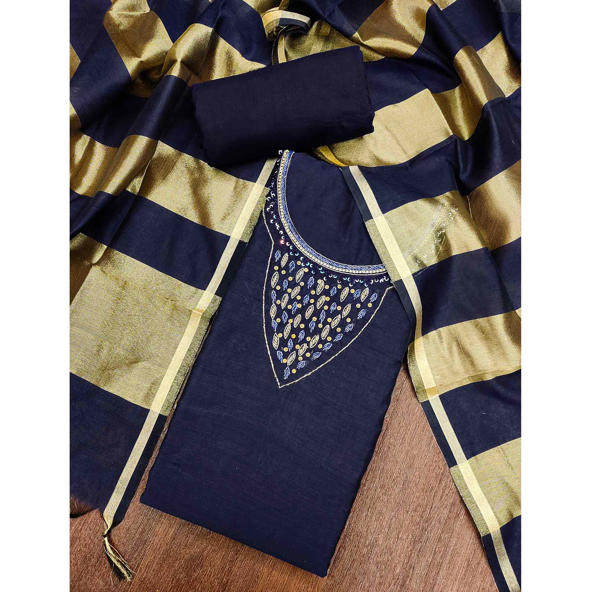 Elegant Navy Blue Beads & Sequins Handwork Chanderi Cotton Dress Material With Weaving Striped Pattern