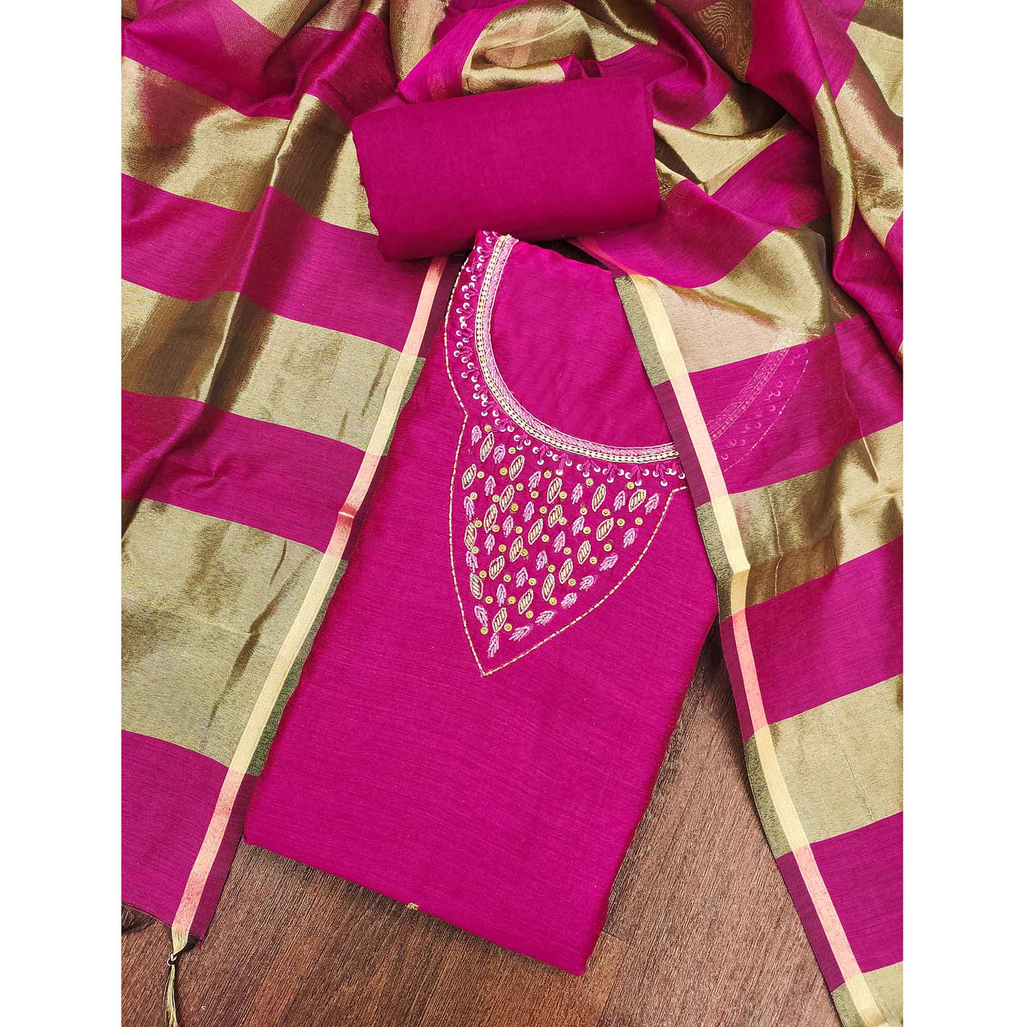 Elegant Pink Beads & Sequins Handwork Chanderi Cotton Dress Material With Weaving Striped Pattern