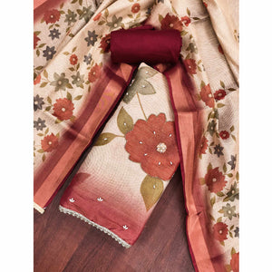 Beige & Maroon Digital Floral Printed Shimmer Dress Material With Pearl & Cutdana Handwork