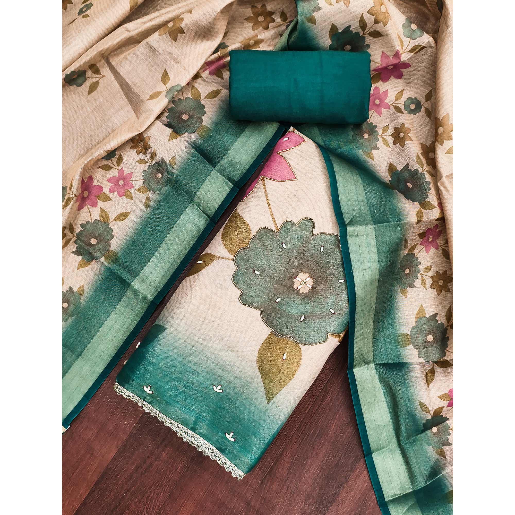 Beige & Teal Digital Floral Printed Shimmer Dress Material With Pearl & Cutdana Handwork