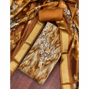 Luxury Dark Mustard Ikkat Woven Viscose Dress Material Adorned With Floral Pearl & Cutdana Handwork