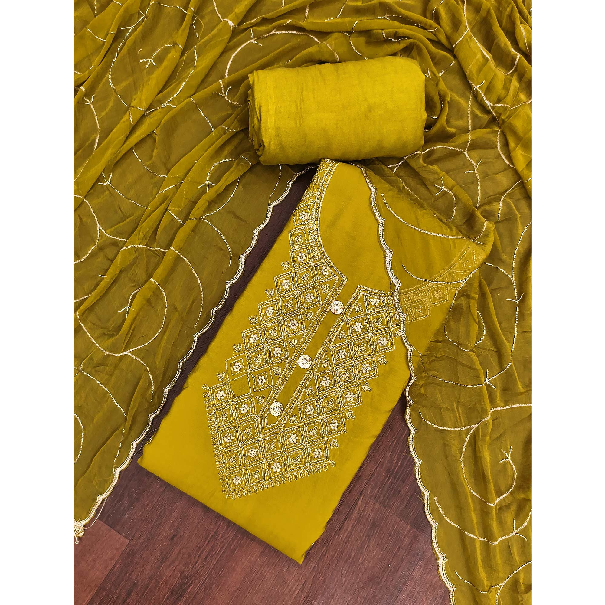 Stylish Mustard Floral Embroidered Viscose Dress Material Showcasing Elegant Cutdana Handwork