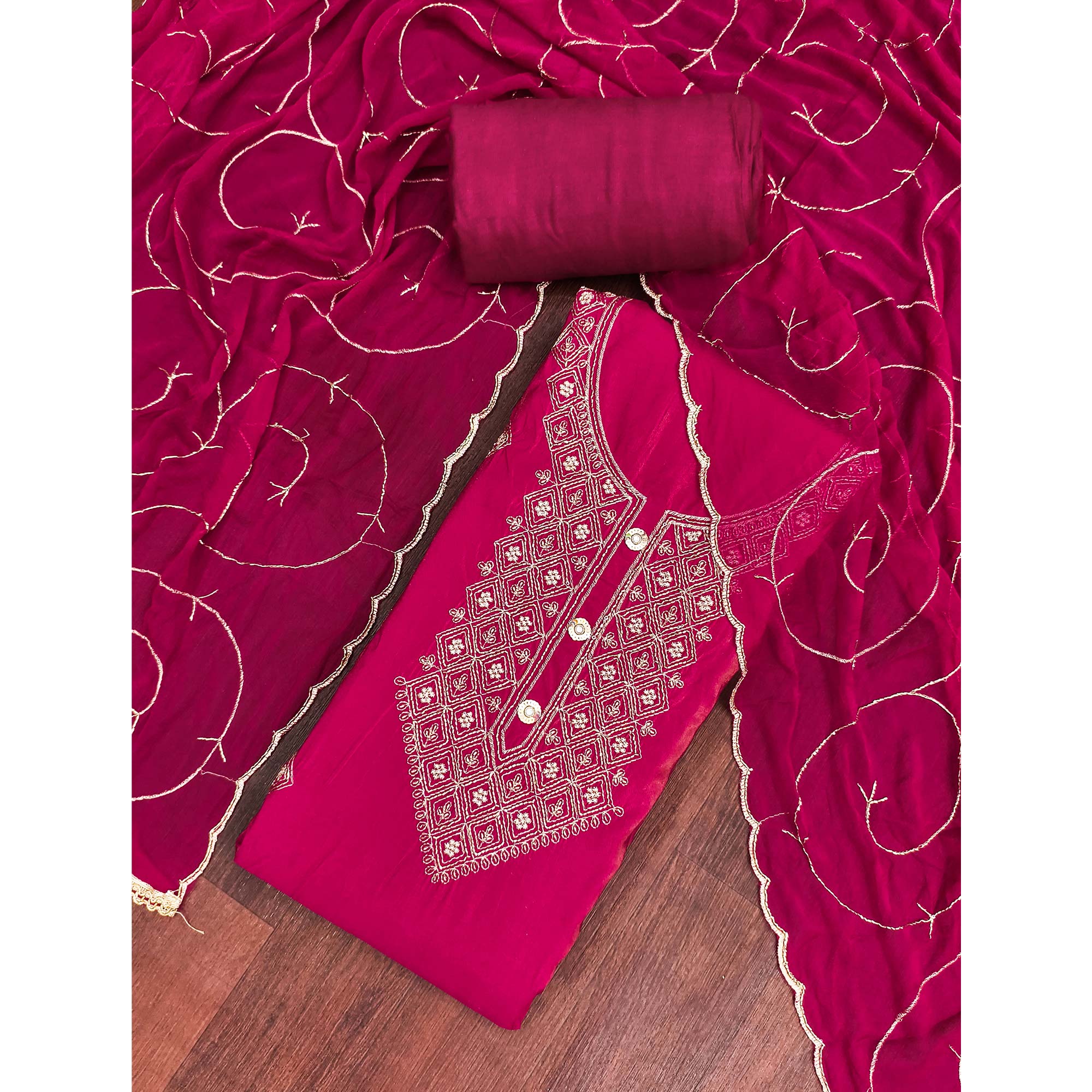 Stylish Pink Floral Embroidered Viscose Dress Material Showcasing Elegant Cutdana Handwork