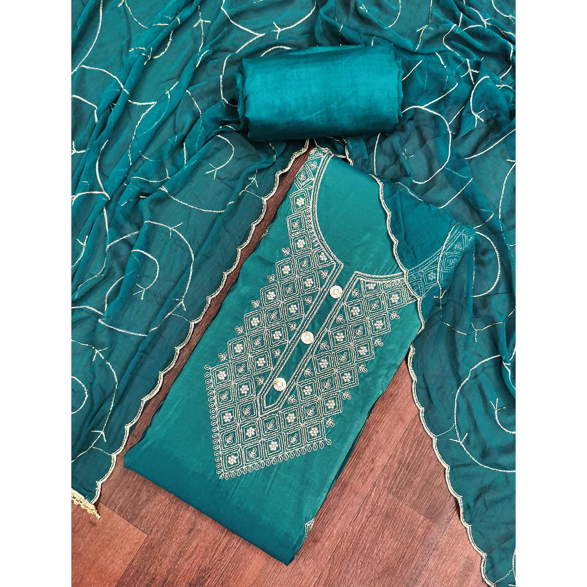 Stylish Teal Floral Embroidered Viscose Dress Material Showcasing Elegant Cutdana Handwork