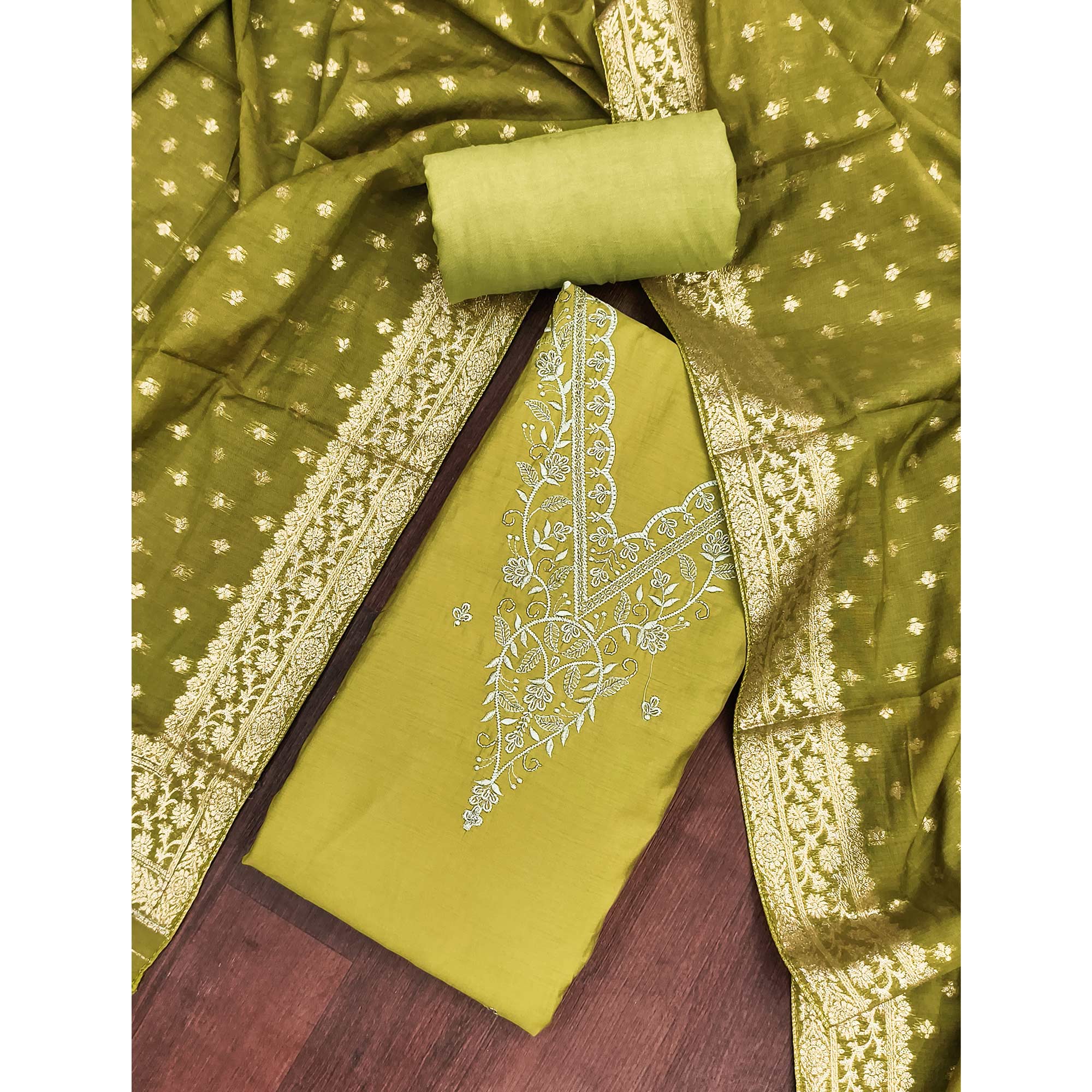 Exclusive Green Floral Embroidery Viscose Dress Material Enhanced With Cutdana Handwork Accents