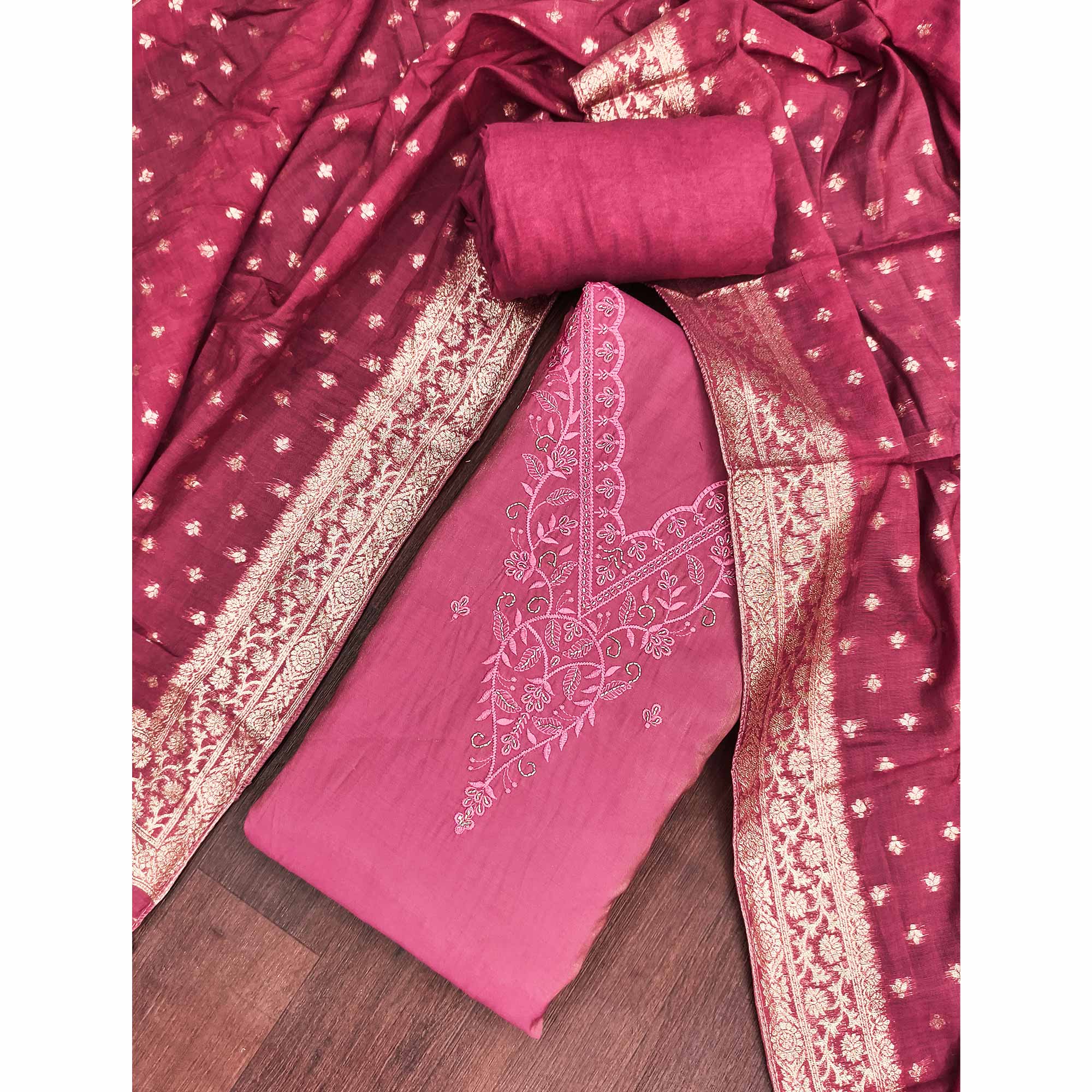 Exclusive Pink Floral Embroidery Viscose Dress Material Enhanced With Cutdana Handwork Accents
