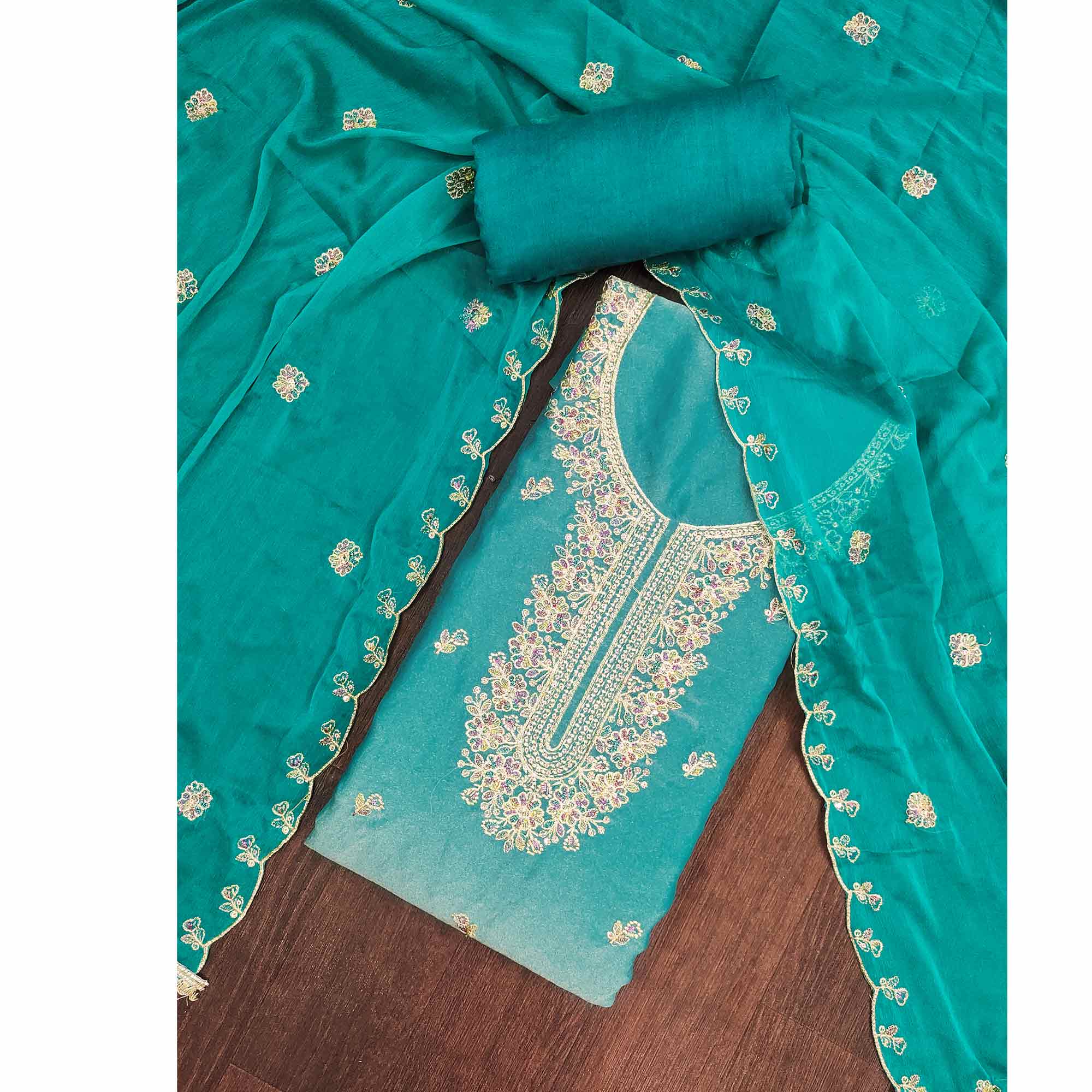 Graceful Turquoise Floral Sequins Embroidered With Handwork Georgette Dress Material