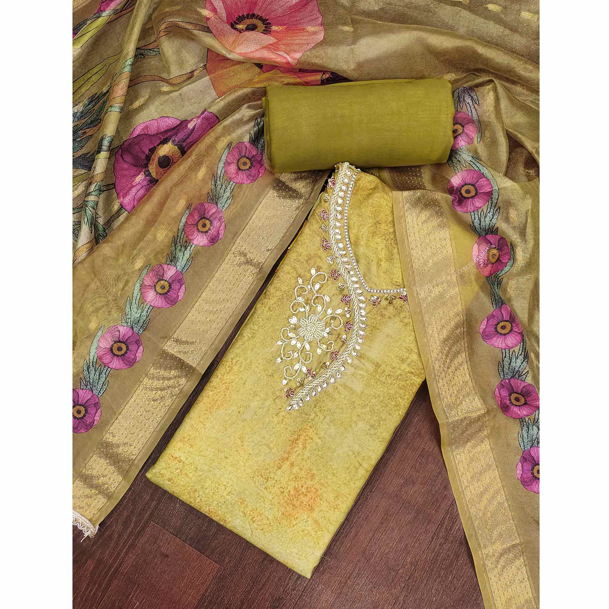 Charming Green Floral Digital Printed Rayon Dress Material With Sequins & Moti Handwork