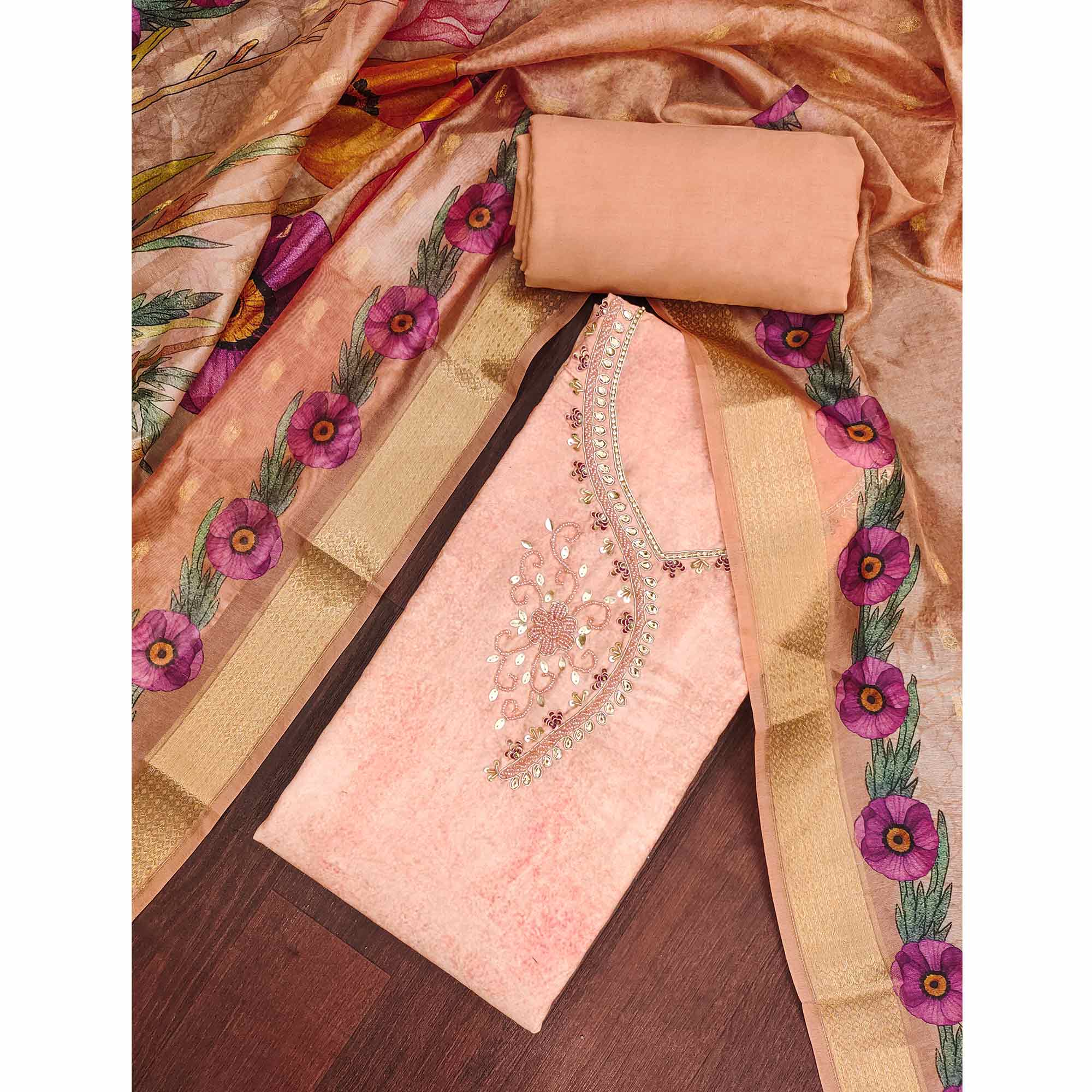 Charming Peach Floral Digital Printed Rayon Dress Material With Sequins & Moti Handwork