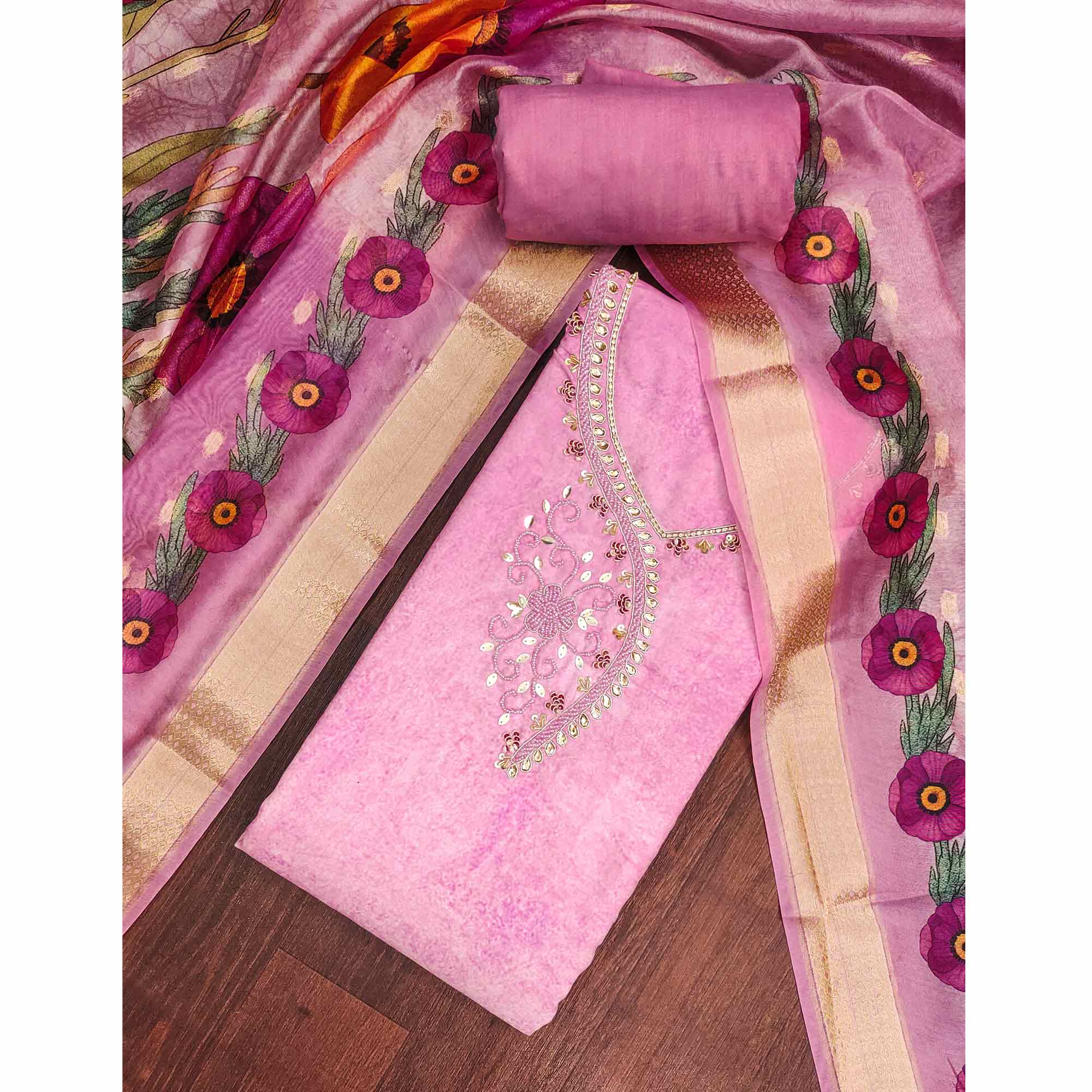 Charming Pink Floral Digital Printed Rayon Dress Material With Sequins & Moti Handwork