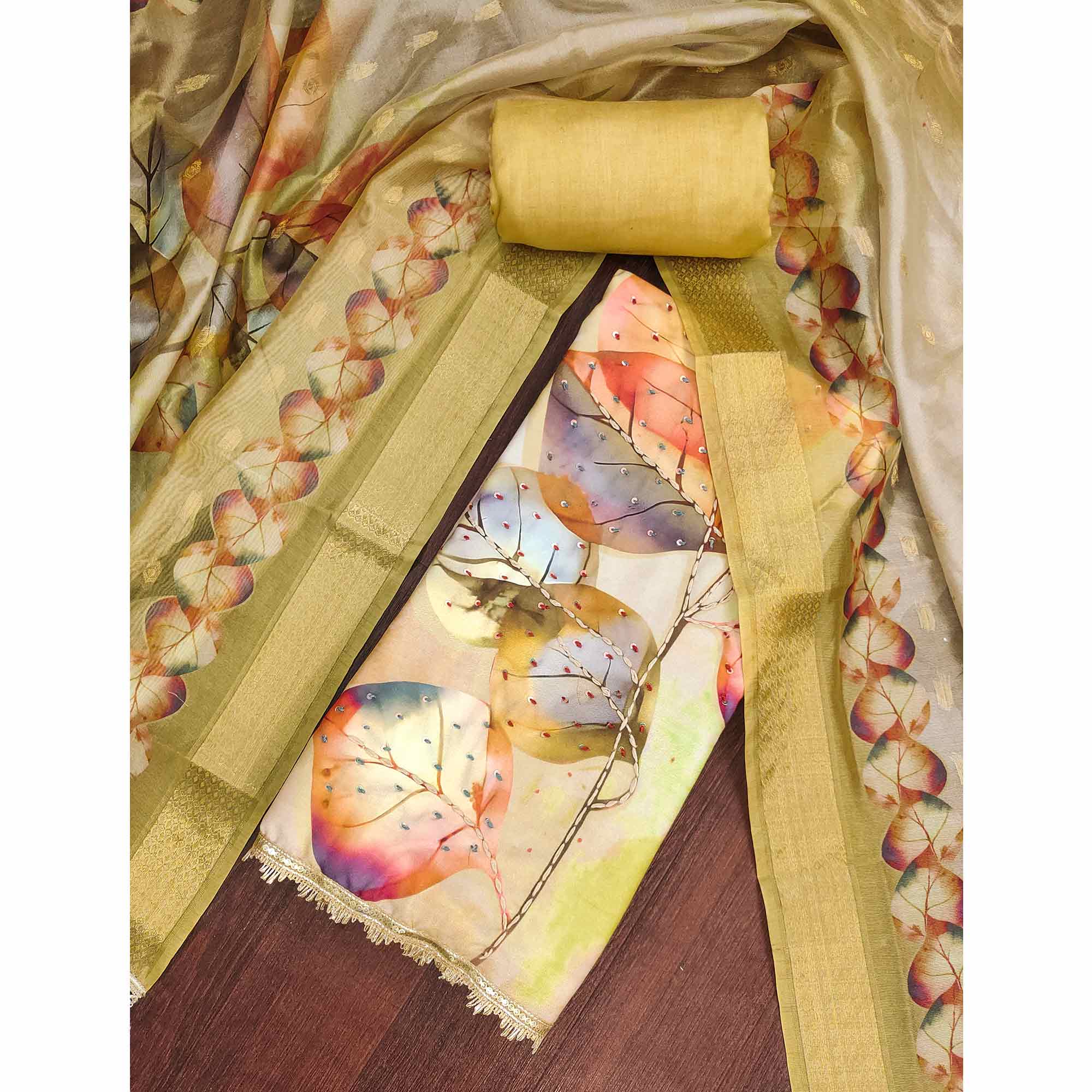 Fresh Green Leaf Digital Printed Rayon Dress Material With Sequins & Delicate Handwork