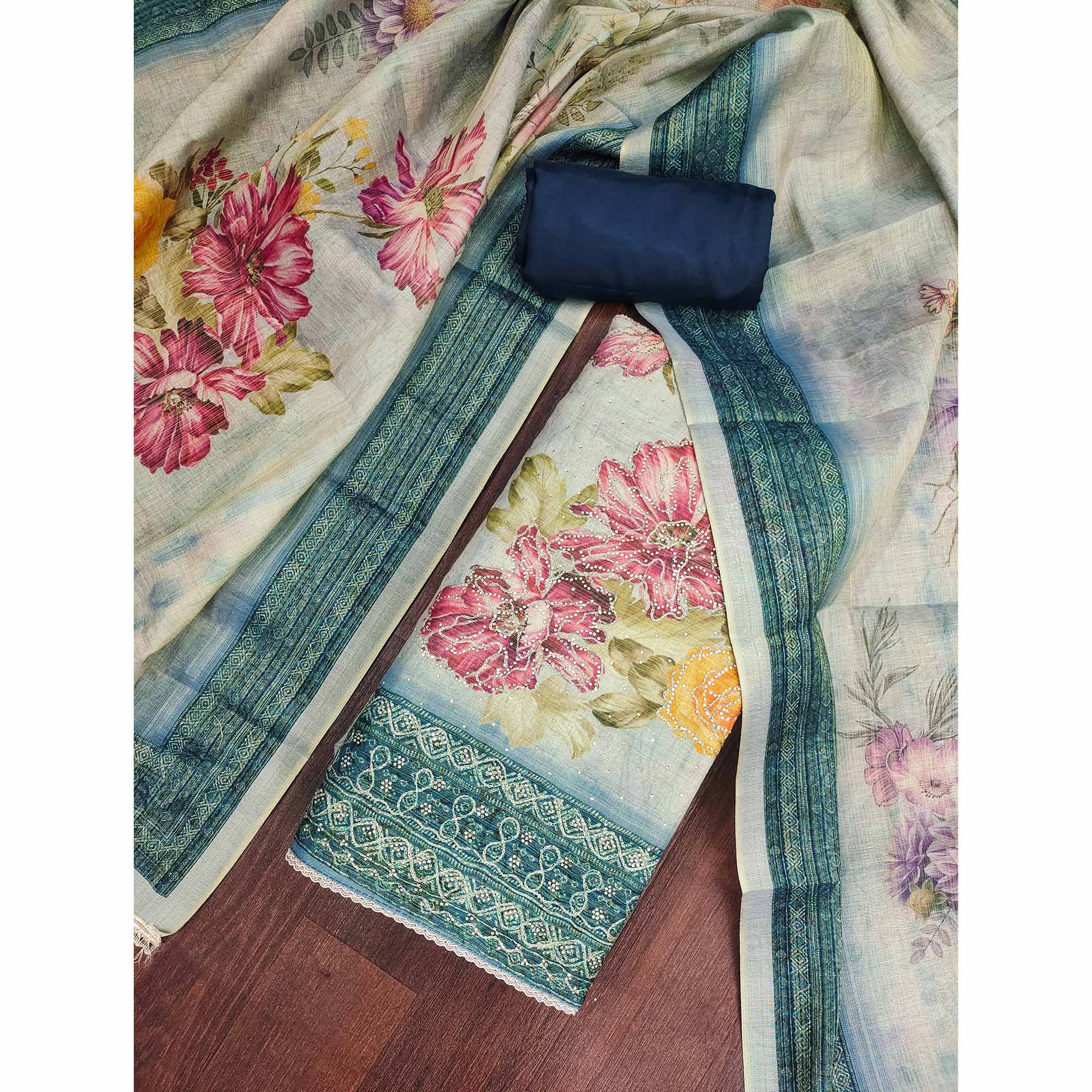 Sophisticated Blue Floral Digital Print With Swarovski Work Shimmer Dress Material