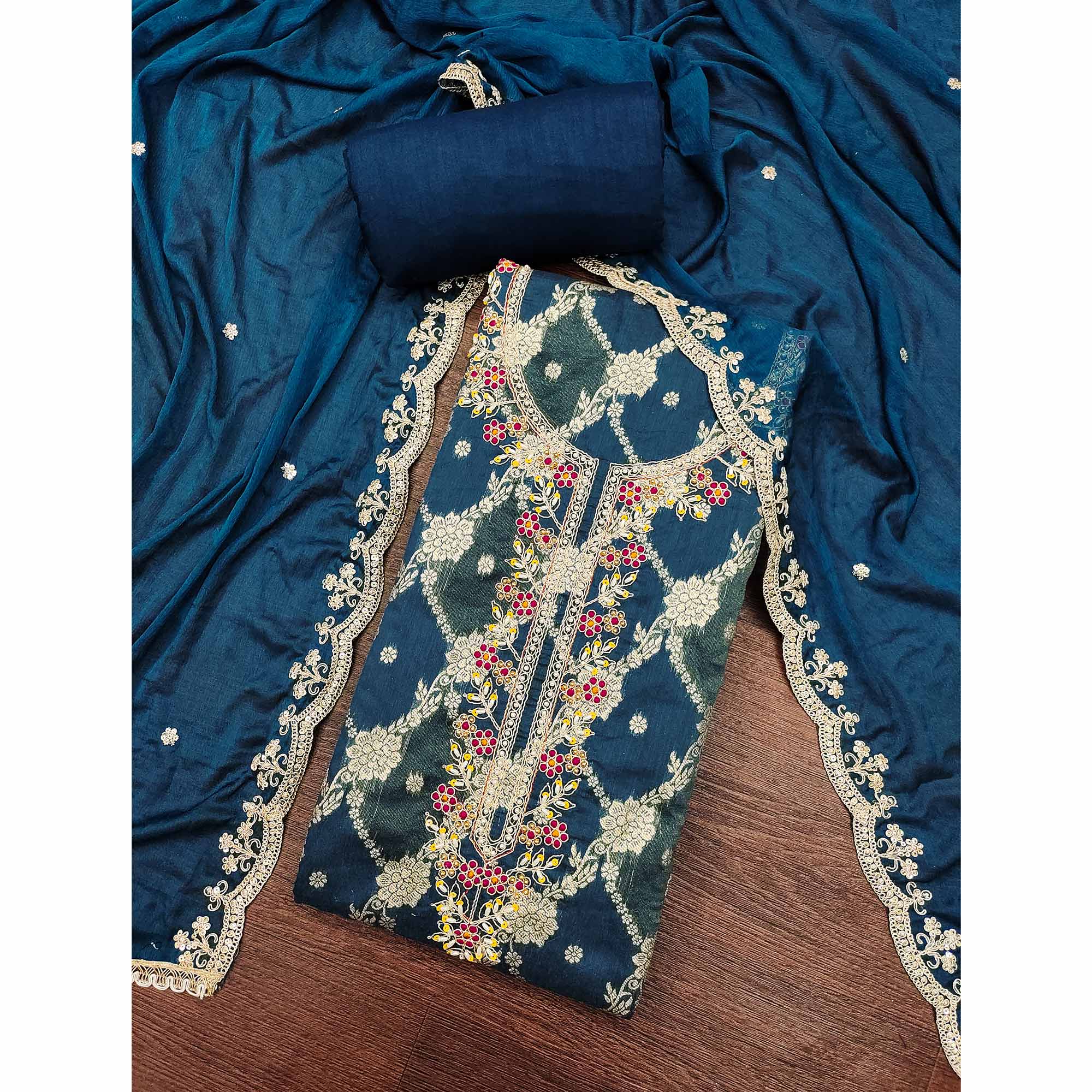 Opulent Blue Floral Woven Banarasi Silk Dress Material With Detailed Handwork & Sequin Embroidery