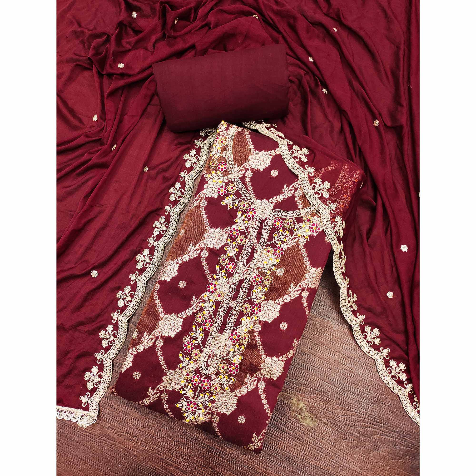 Opulent Maroon Floral Woven Banarasi Silk Dress Material With Detailed Handwork & Sequin Embroidery