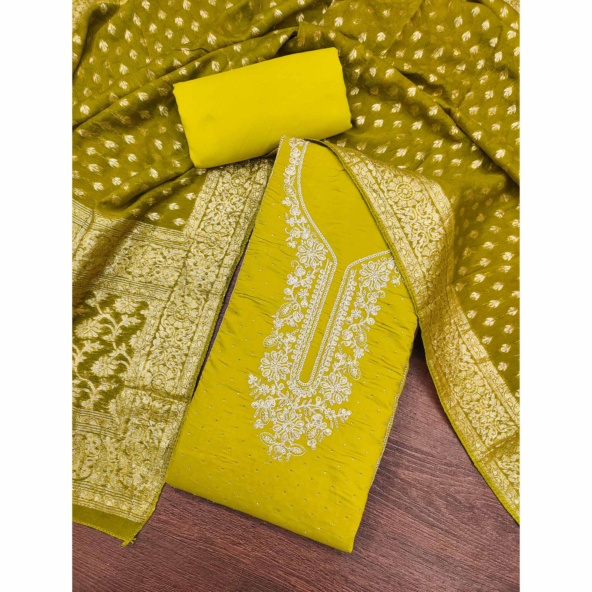 Luxury Green Floral Embroidered Cotton Silk Dress Material Enhanced With Swarovski Work