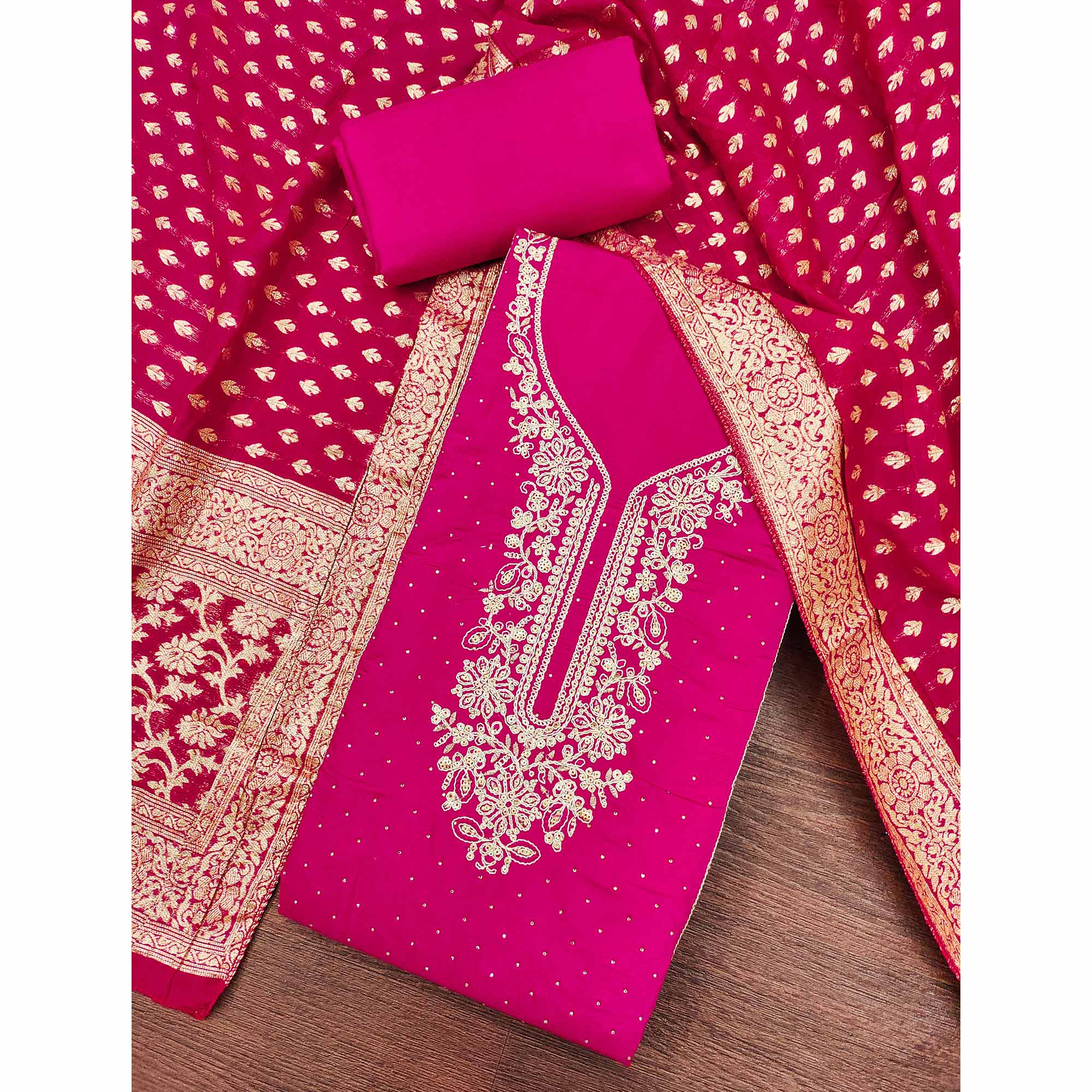 Luxury Pink Floral Embroidered Cotton Silk Dress Material Enhanced With Swarovski Work