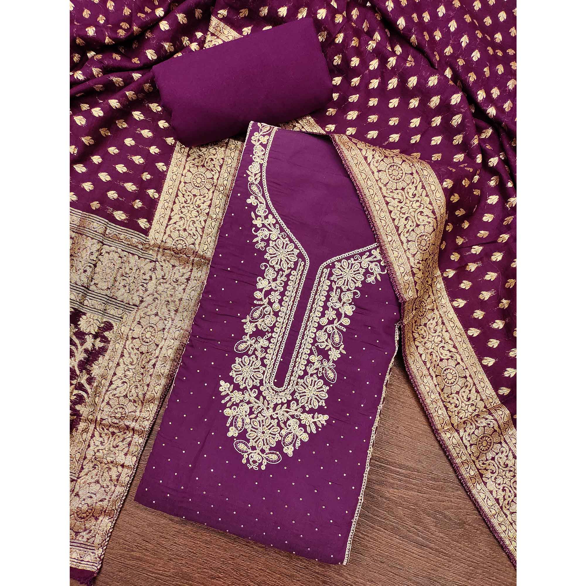 Luxury Wine Floral Embroidered Cotton Silk Dress Material Enhanced With Swarovski Work