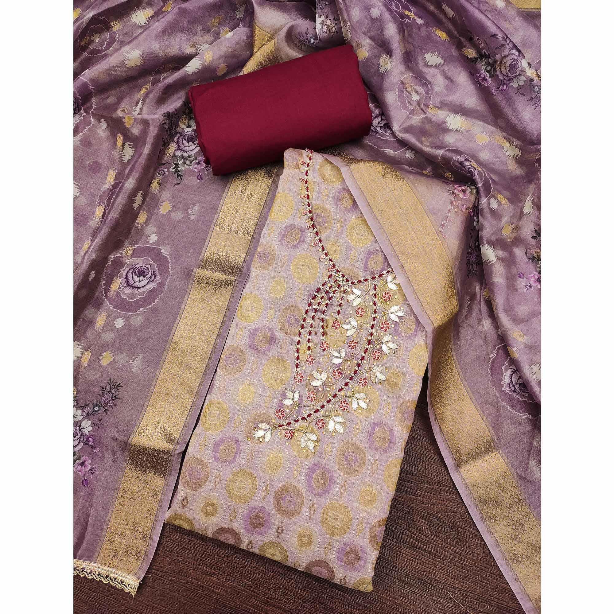 Sophisticated lavender Zari Woven Jacquard Dress Material Highlighted With Floral Handwork