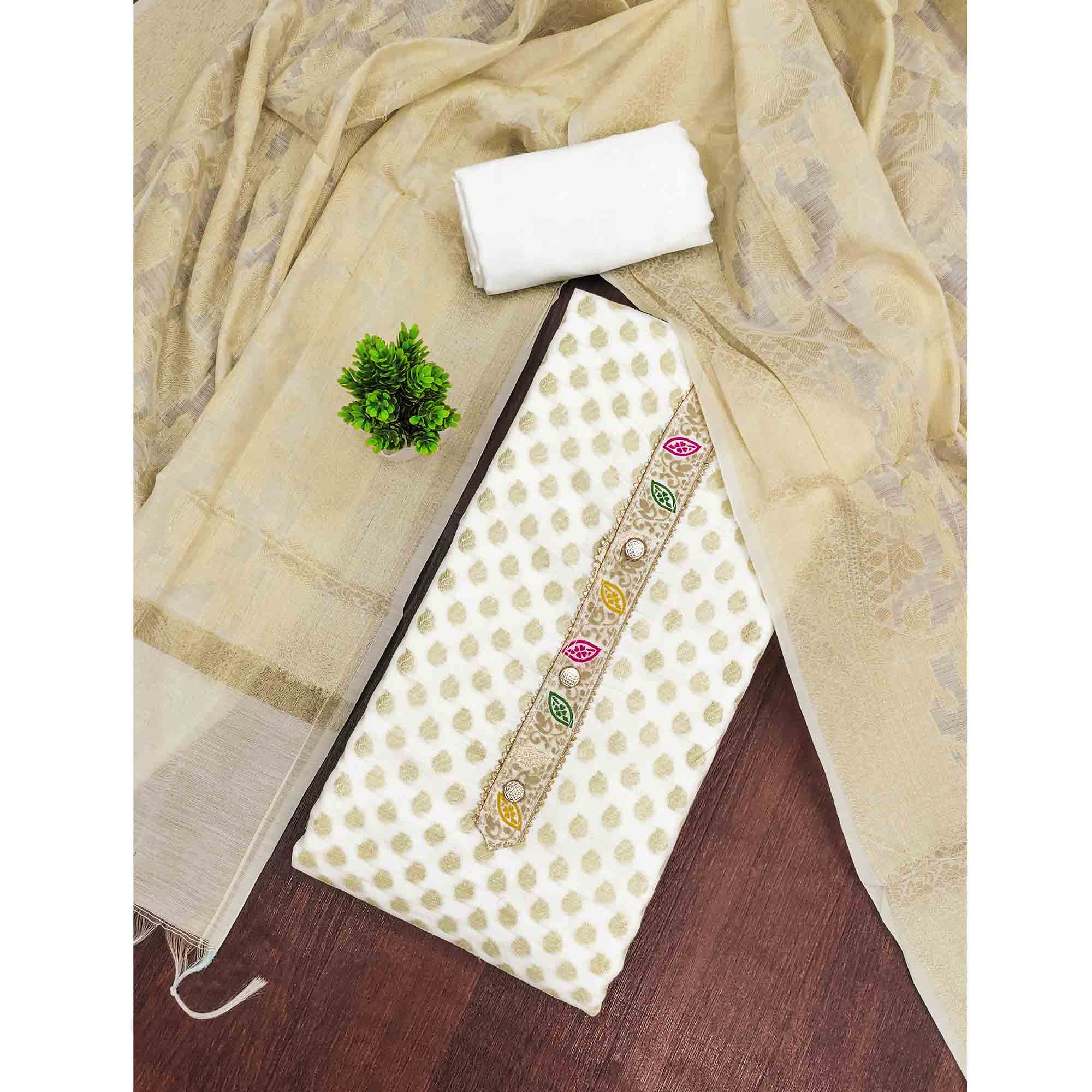 Luxurious White Golden Butti Banarasi Silk Weaving Dress Material With Elegant Neck Work