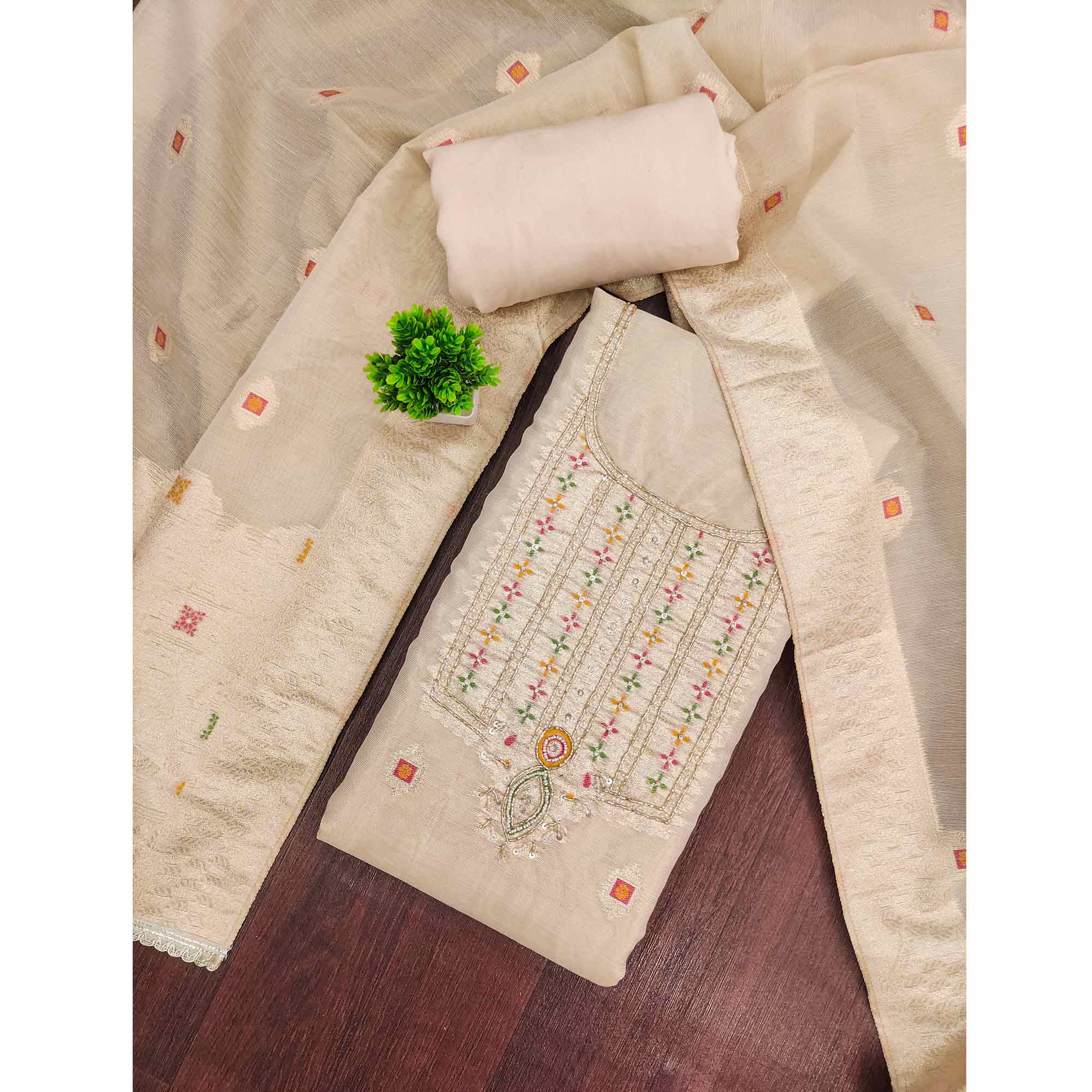 Elegant Cream Floral Weaving Shimmer Banarasi Dress Material With Beads & Sequins Neckline Work